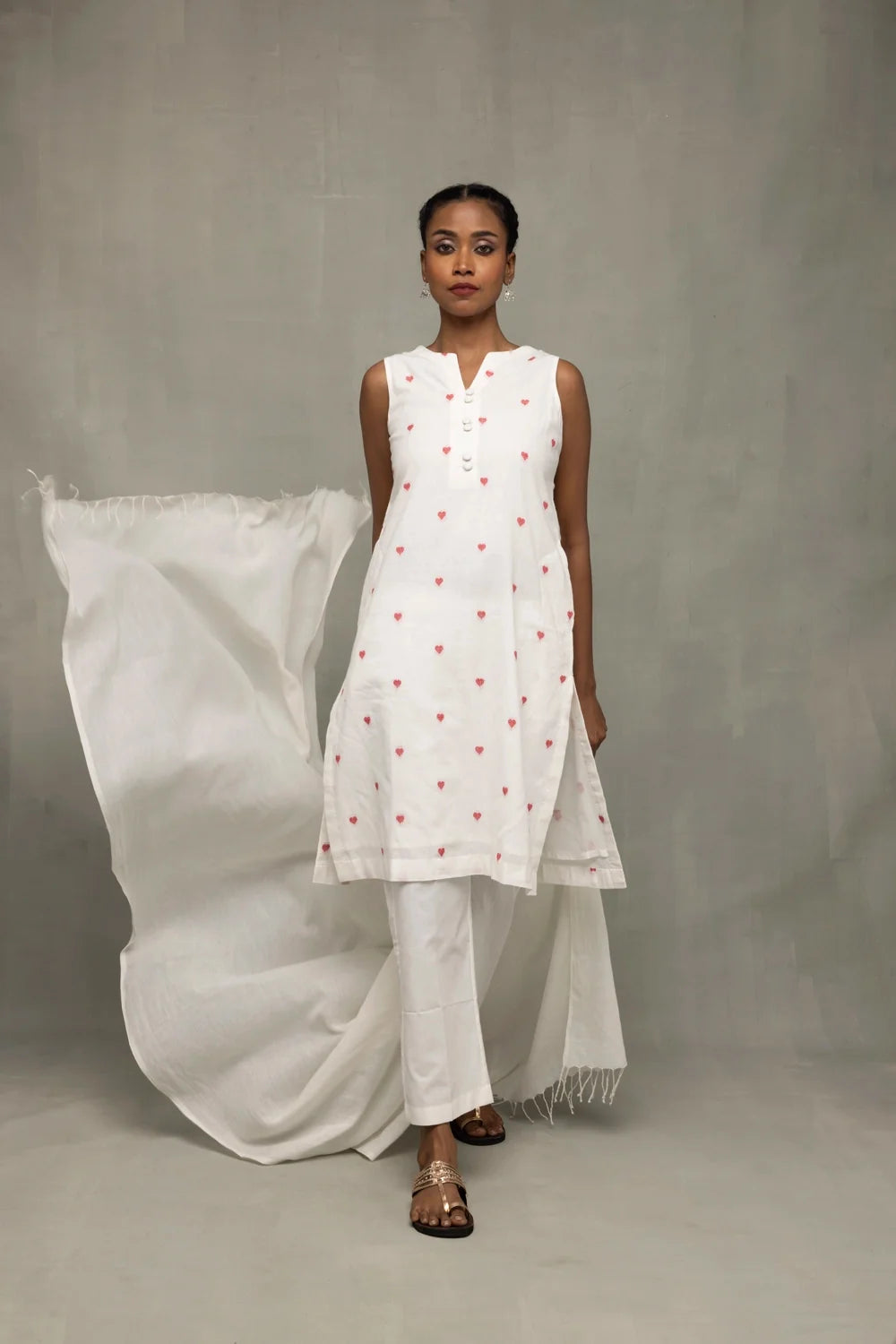 Handwoven White Red Hearts South Cotton Kurta Set with Dupatta
