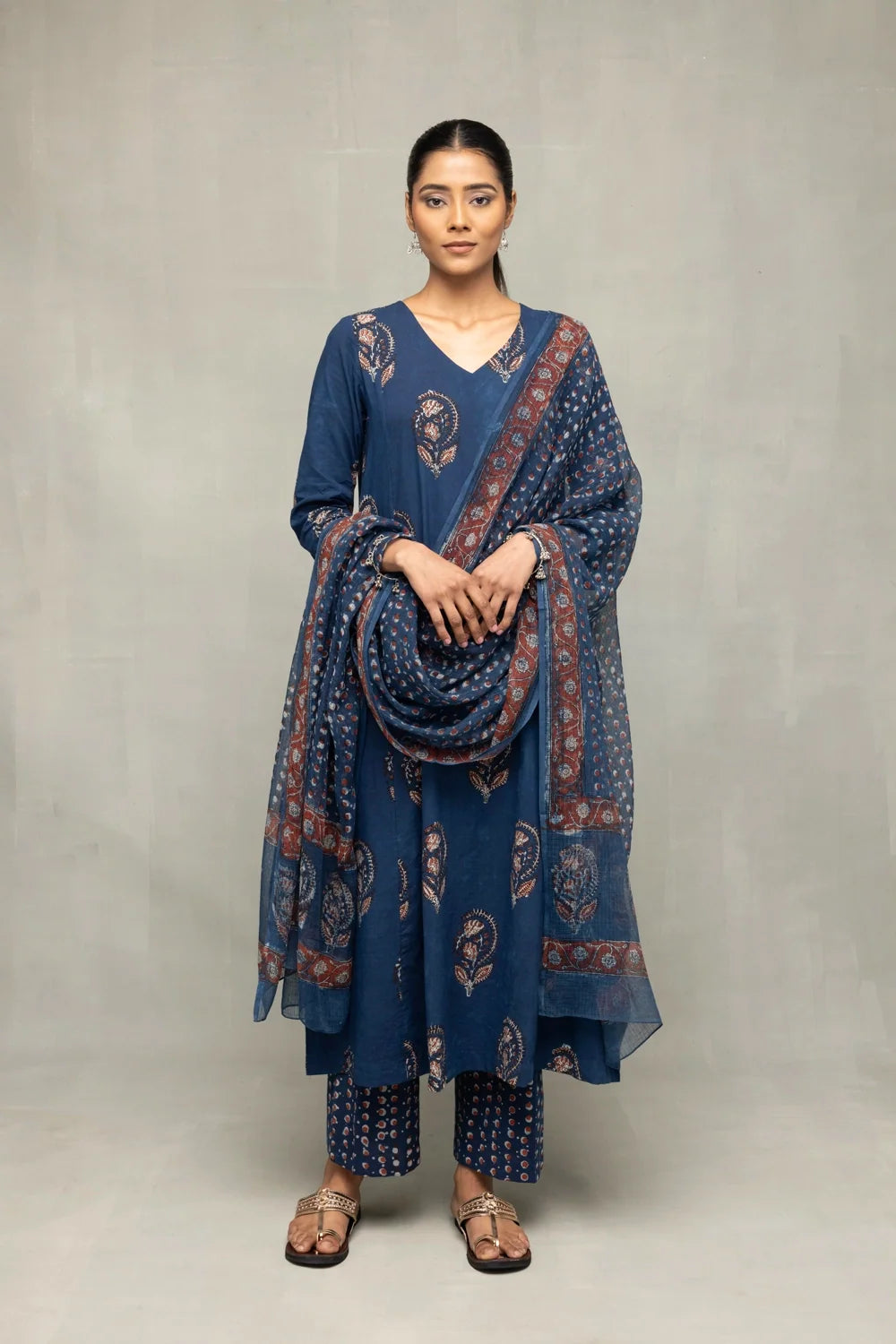 Indigo Hand Block Printed Kurta Set with Dupatta-Sutra Art of Clothing