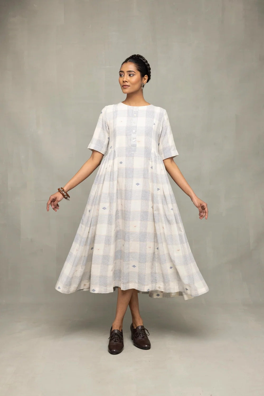 Ivory & Blue Checkered Jamdani Dress-Sutra Art of Clothing