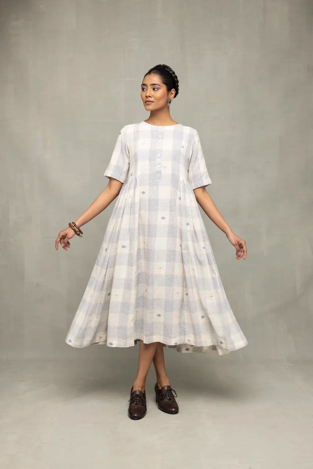 Ivory Blue Checkered Jamdani Dress