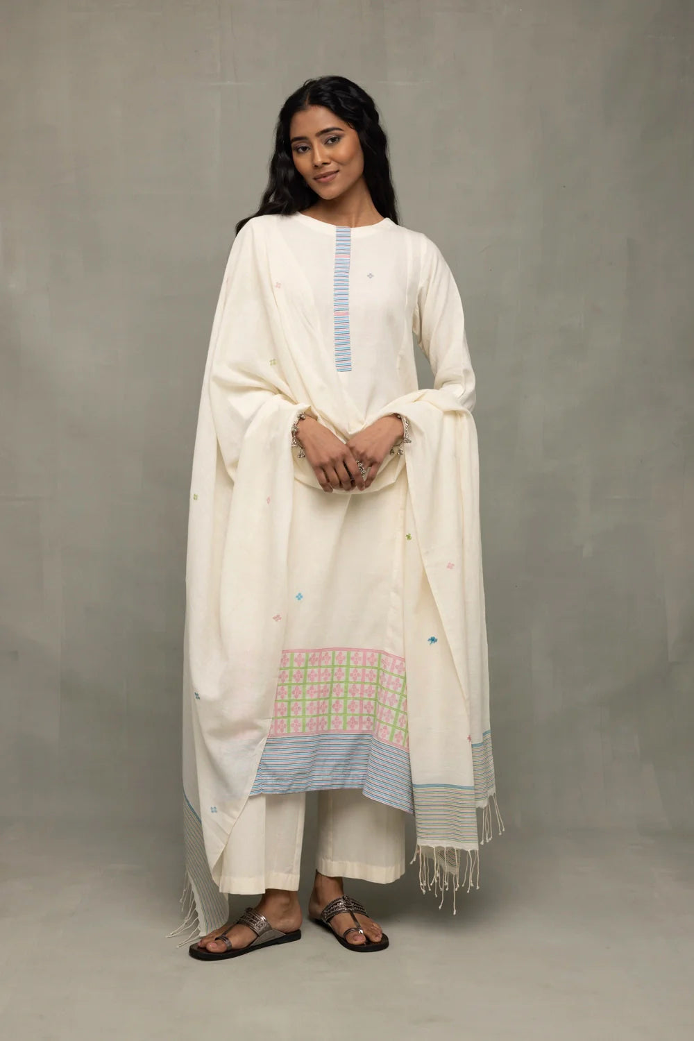 Ivory Jamdani Kurta Set with Stripes Dupatta