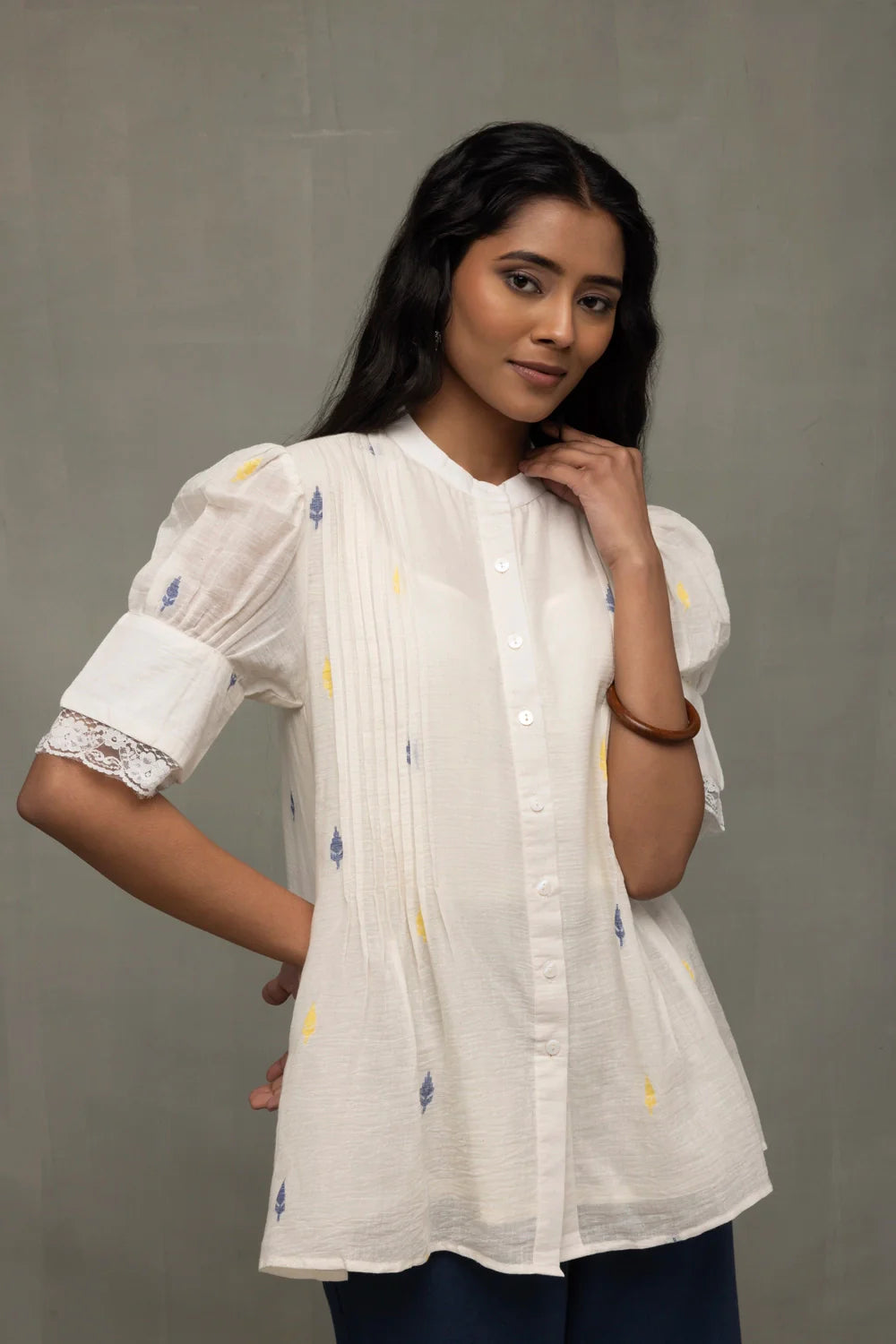 Ivory Pleated Jamdani Puff Sleeve Shirt Top-Sutra Art of Clothing