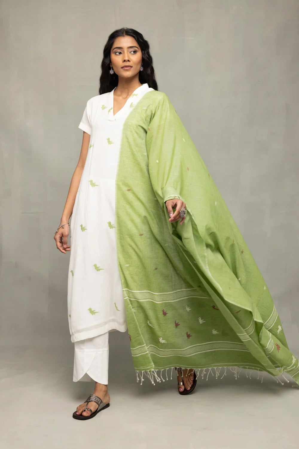 Ivory Sage Green Bird Motif Jamdani Kurta Set with Dupatta