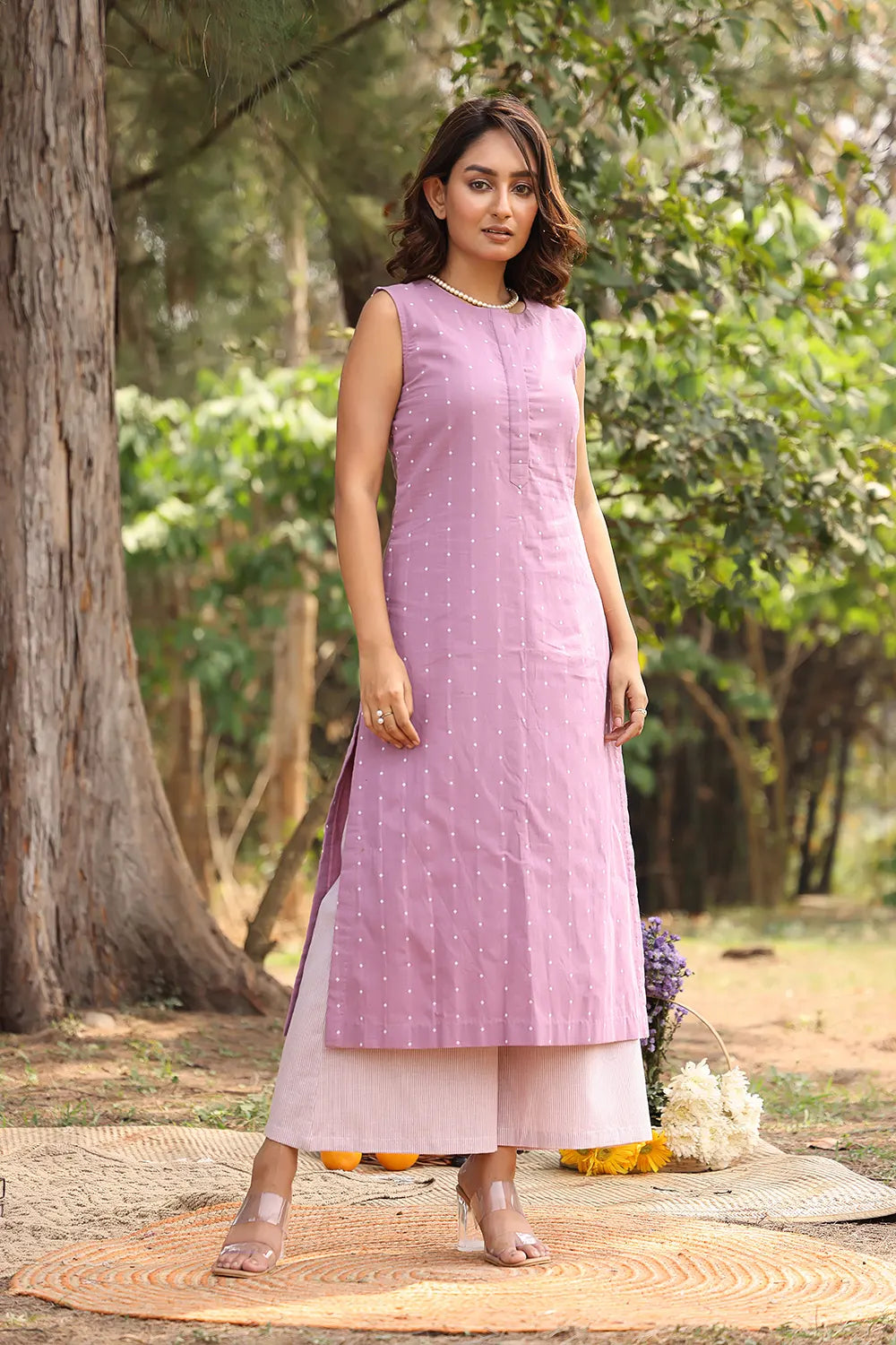 Lavender Pure Cotton White Polka Dots Co-ord Set-Sutra Art of Clothing