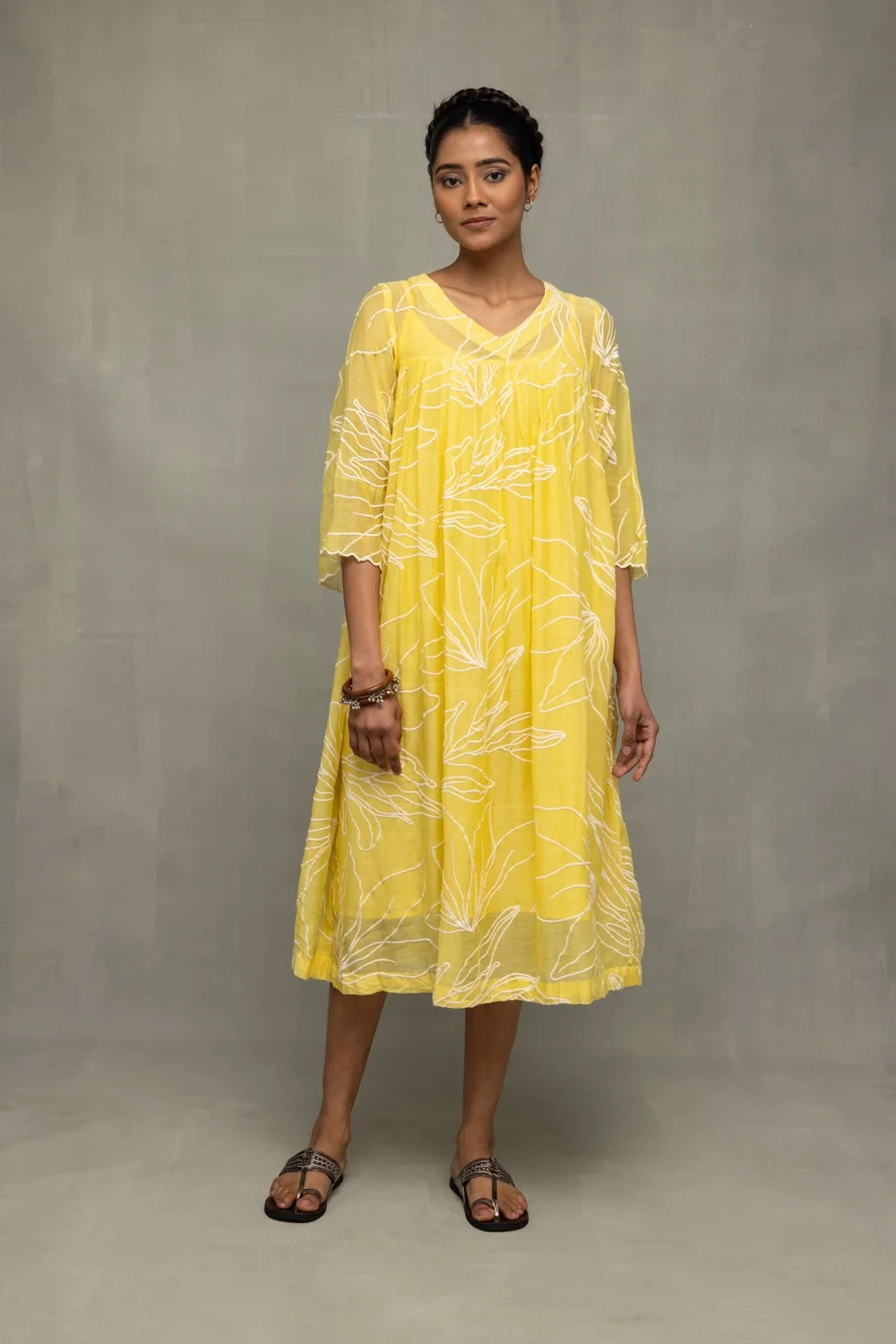 Lemon Light Mul Chanderi Embroidered Dress