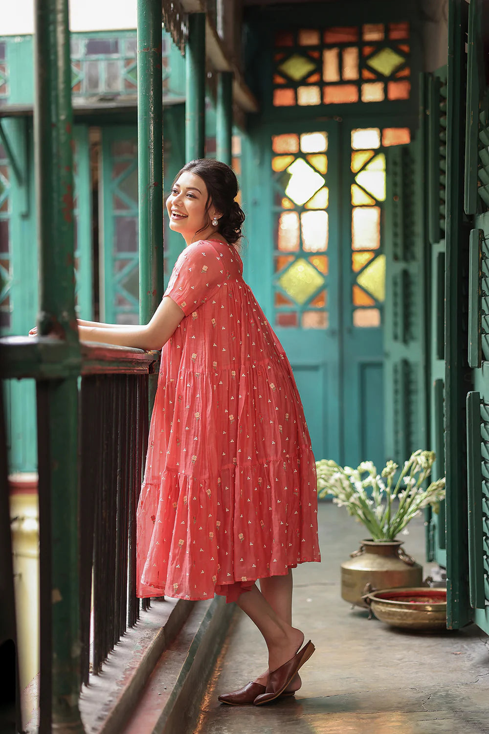 Lightweight Breathable Peach-echo Mul Chanderi Embroidered Dress for Summer Wear