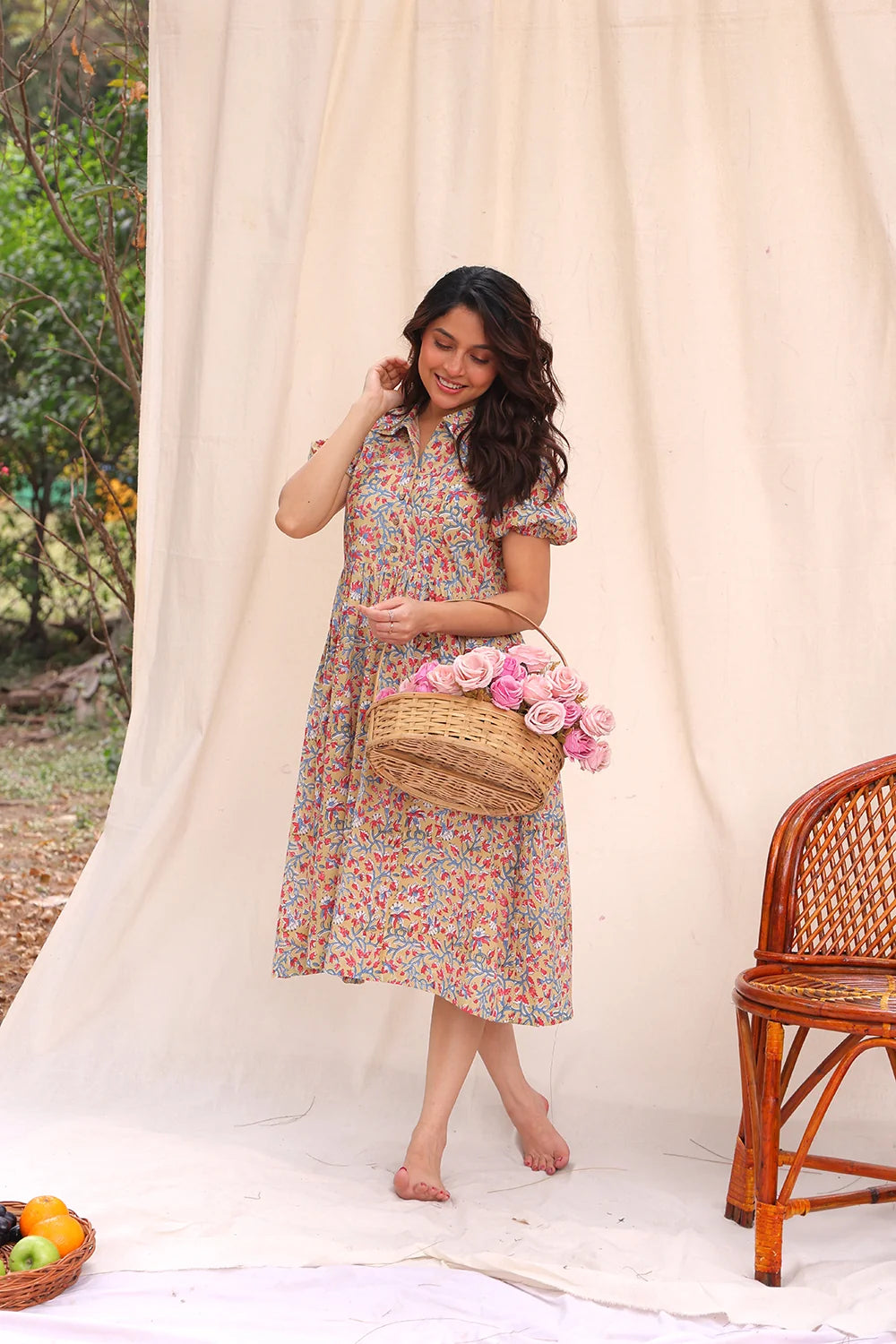 Lightweight Breathable Beige Floral Block Print Cotton Dress for Summer Wear