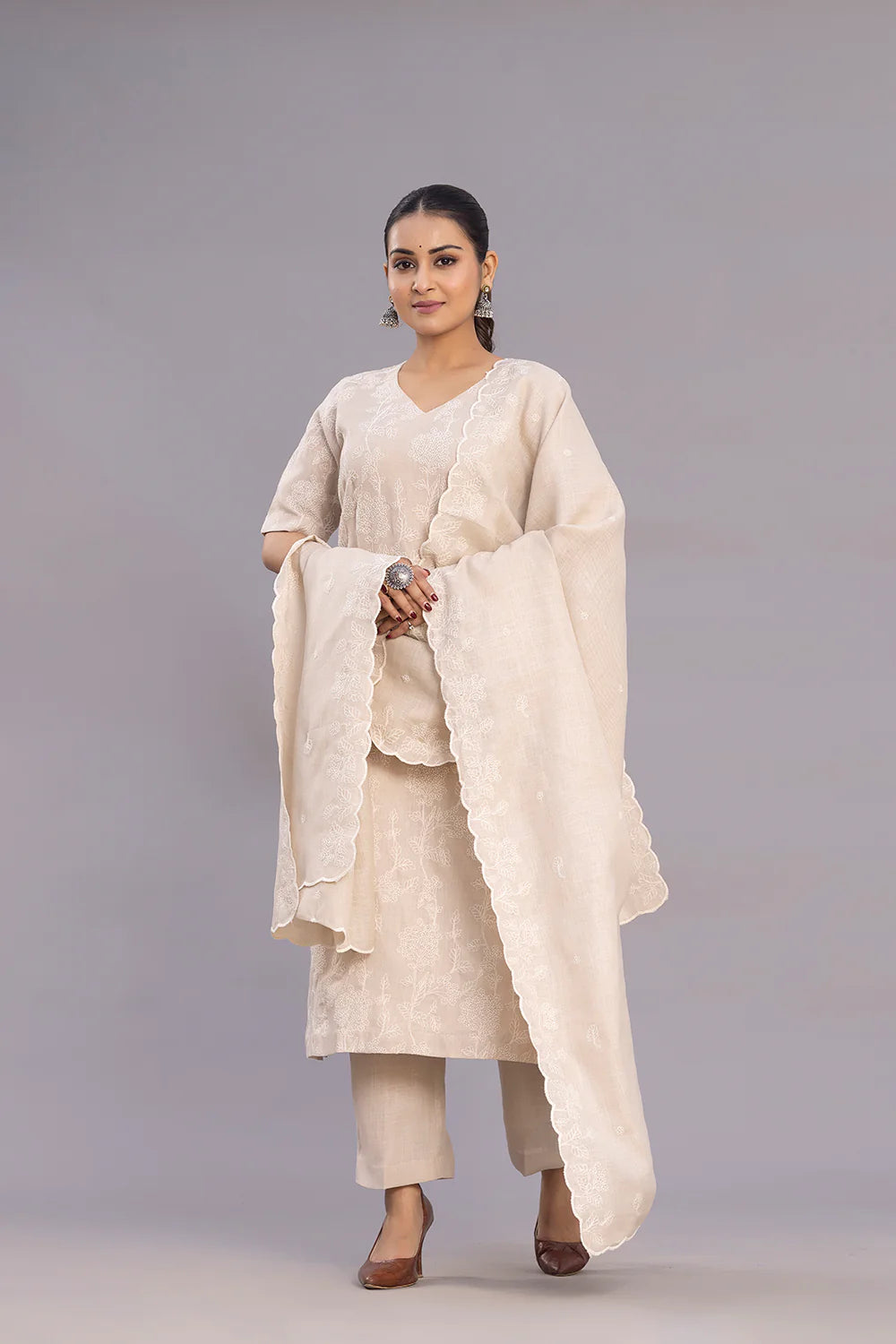 Lightweight Breathable Beige Linen Embroidered Kurta Set for Everyday Wear