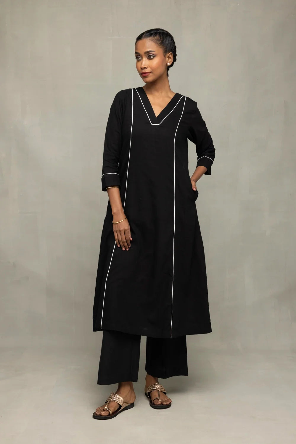 Lightweight Breathable Black Cotton Kurta Set with White Piping for Everyday Wear