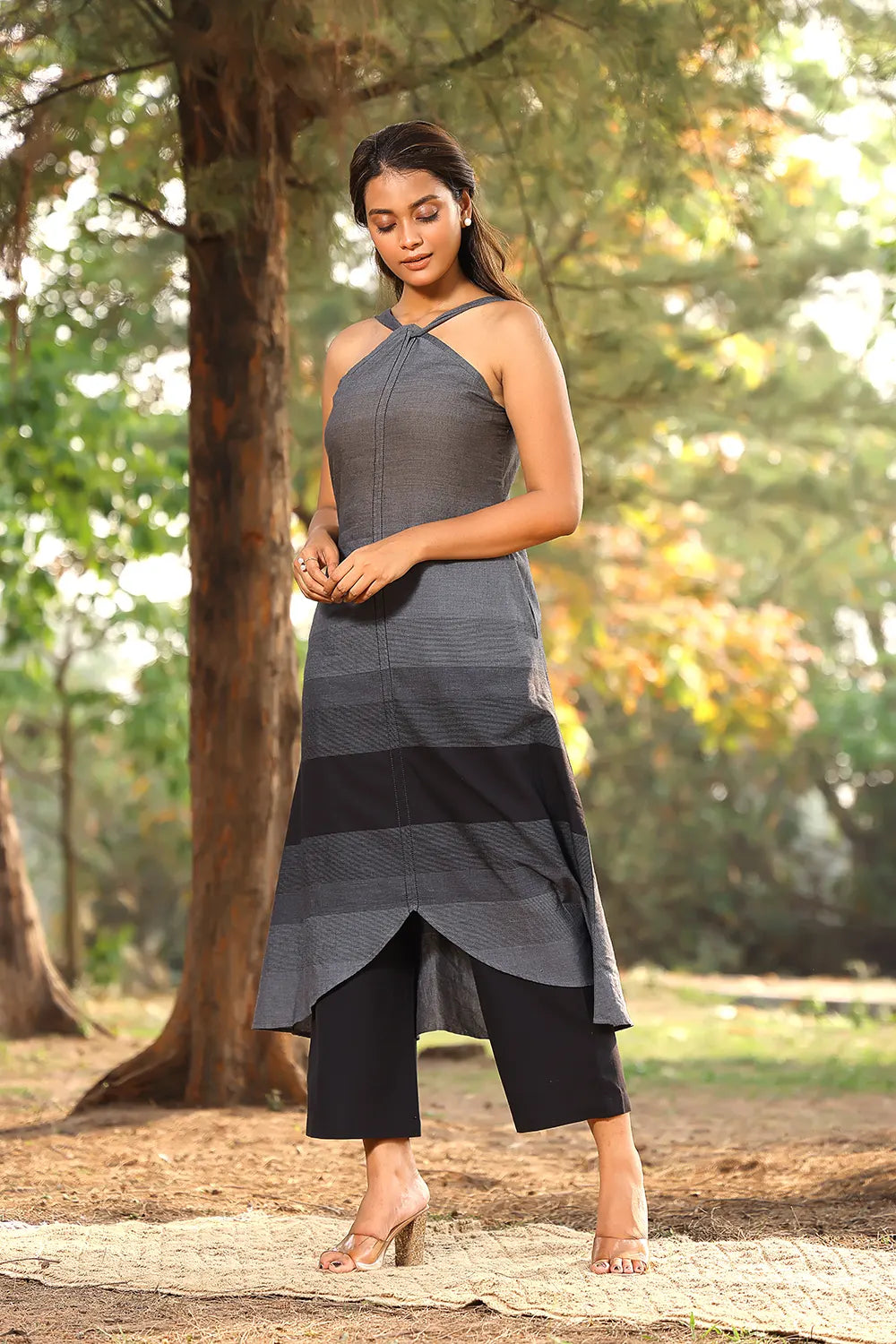 Lightweight Breathable Black and Grey Stripes Pure Cotton Co-ord Set for Everyday Wear
