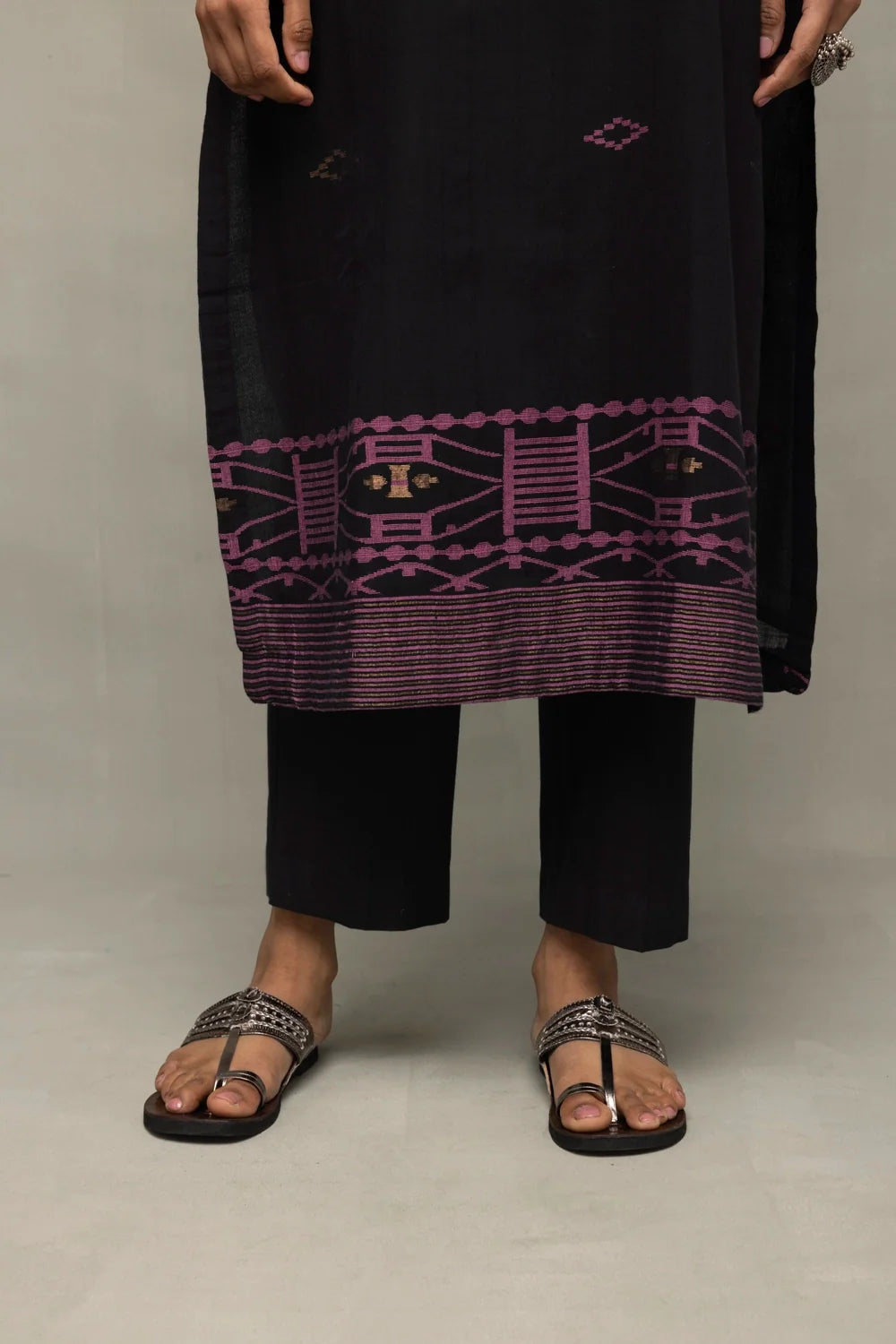 Handloom Black Pure Cotton Yantra Zari Jamdani Kurta Set WIth Dupatta