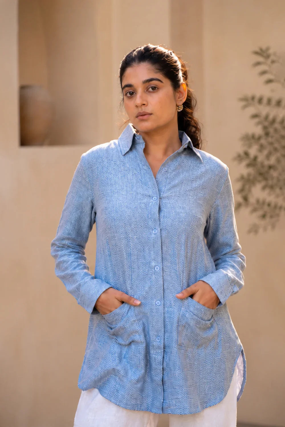 Lightweight Breathable Blue and White Zig Zag Stripe Cotton Shirt for Everyday Wear