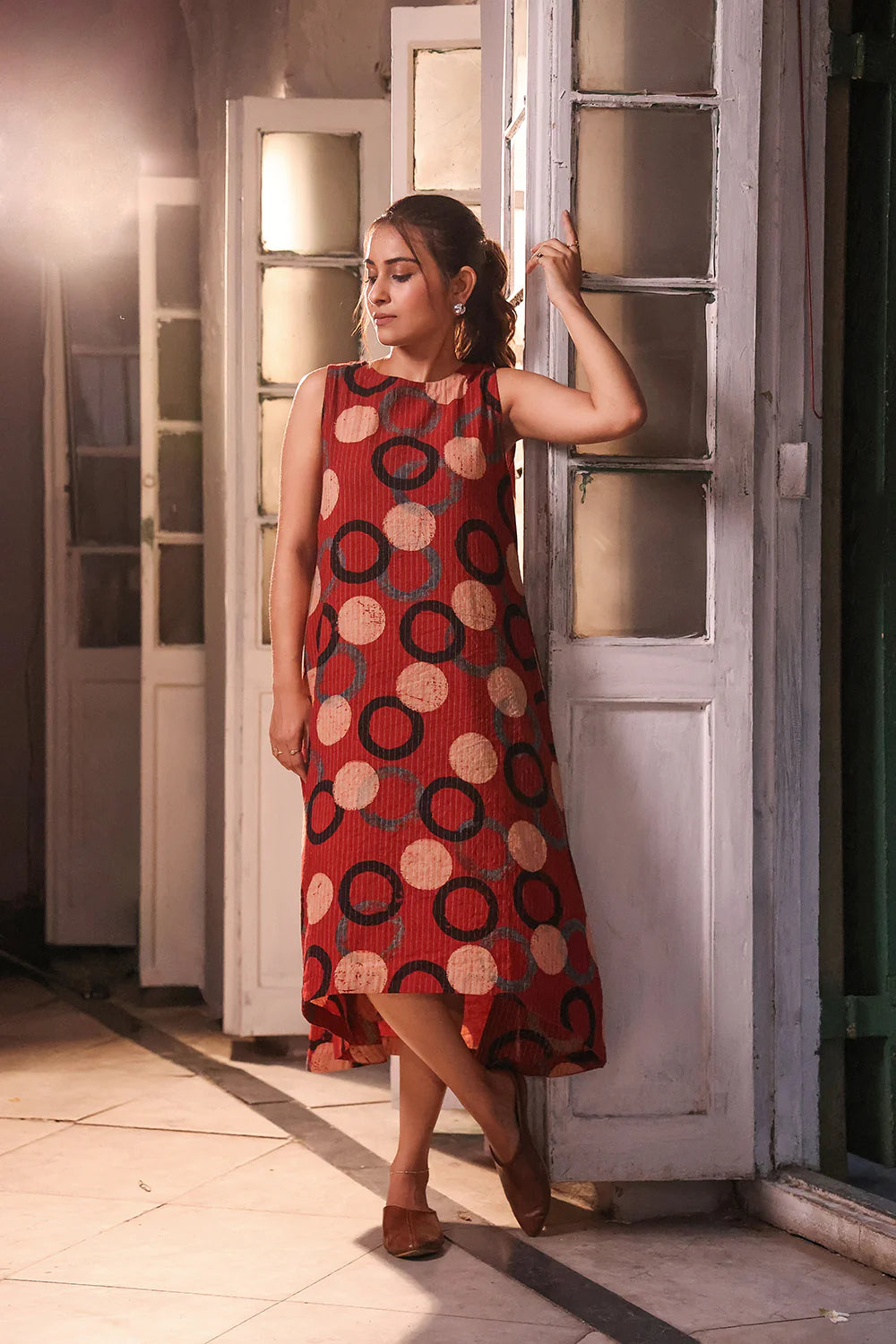 Lightweight Breathable Brick Red Ajrakh Cotton Dress for Summer Wear