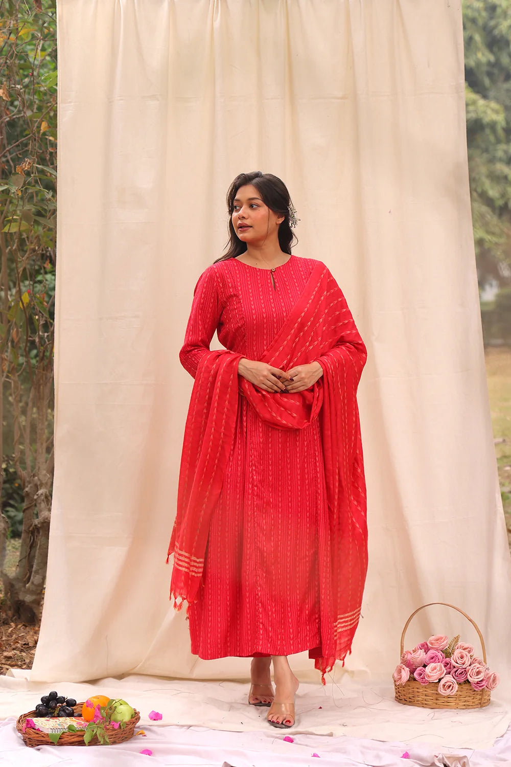 Lightweight Breathable Candy Red Soft Cotton Silk Kurta Set for Everyday Wear