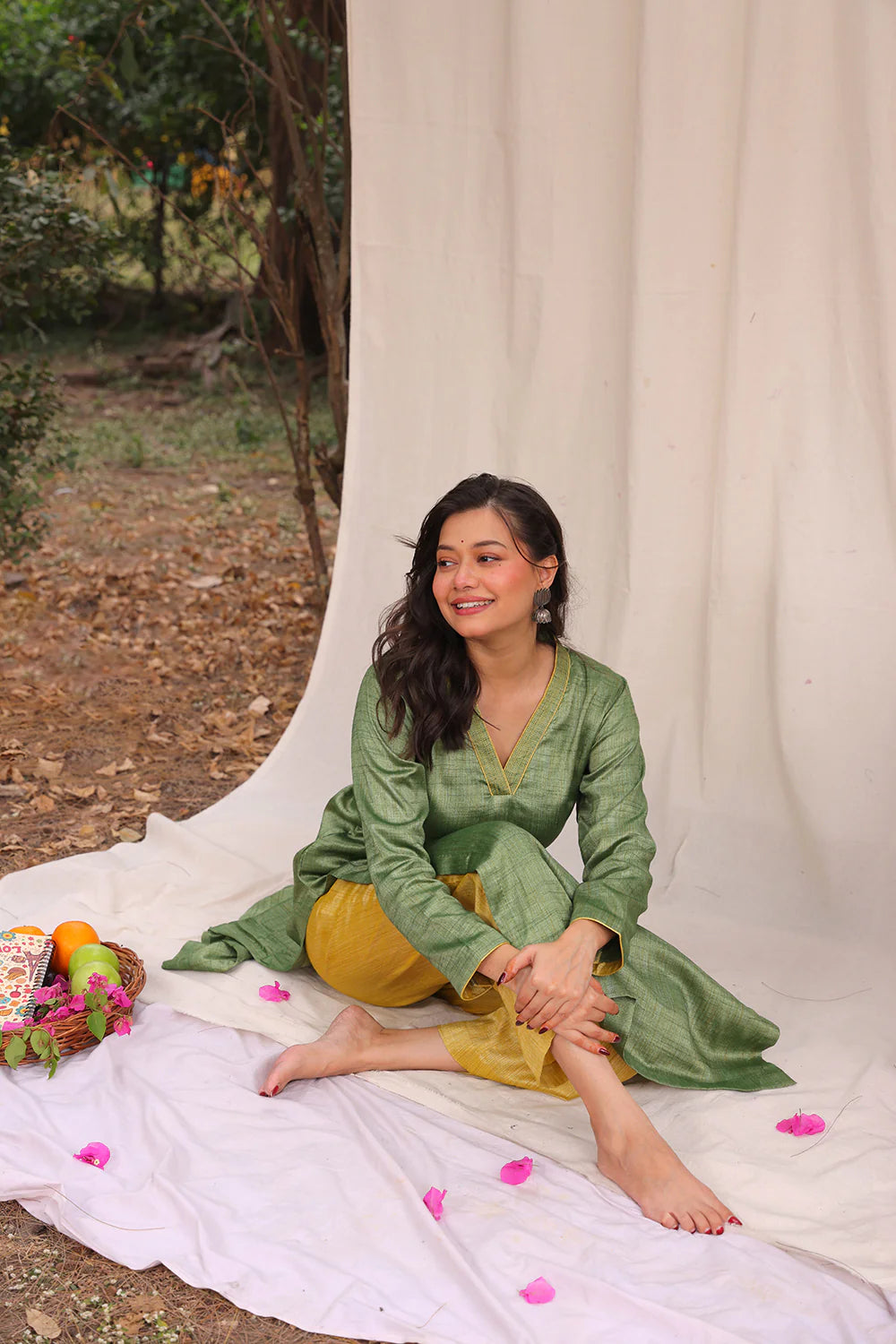 Lightweight Breathable Green and Yellow Khadi Cotton Co-ord Set for Everyday Wear