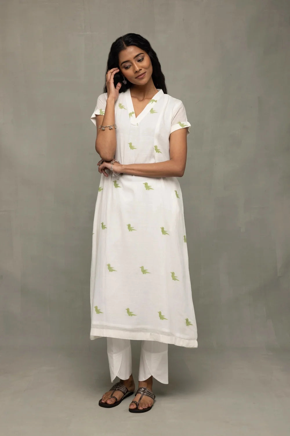 Lightweight Breathable Ivory Sage Green Jamdani Kurta Set for Everyday Wear