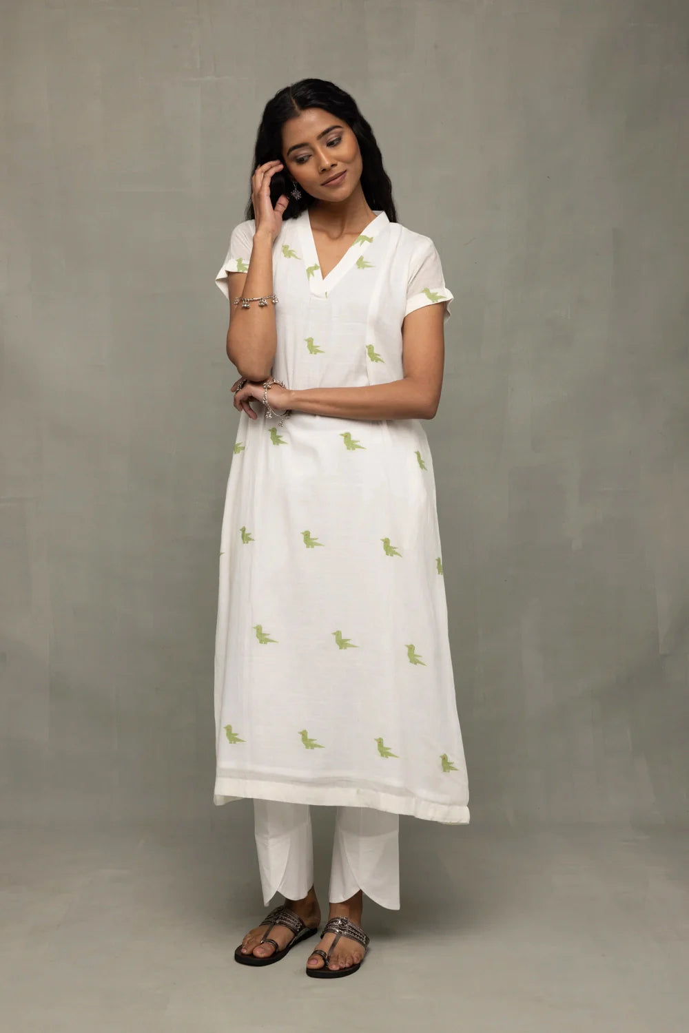 Lightweight Breathable Ivory Sage Green Jamdani Kurta Set for Everyday Wear