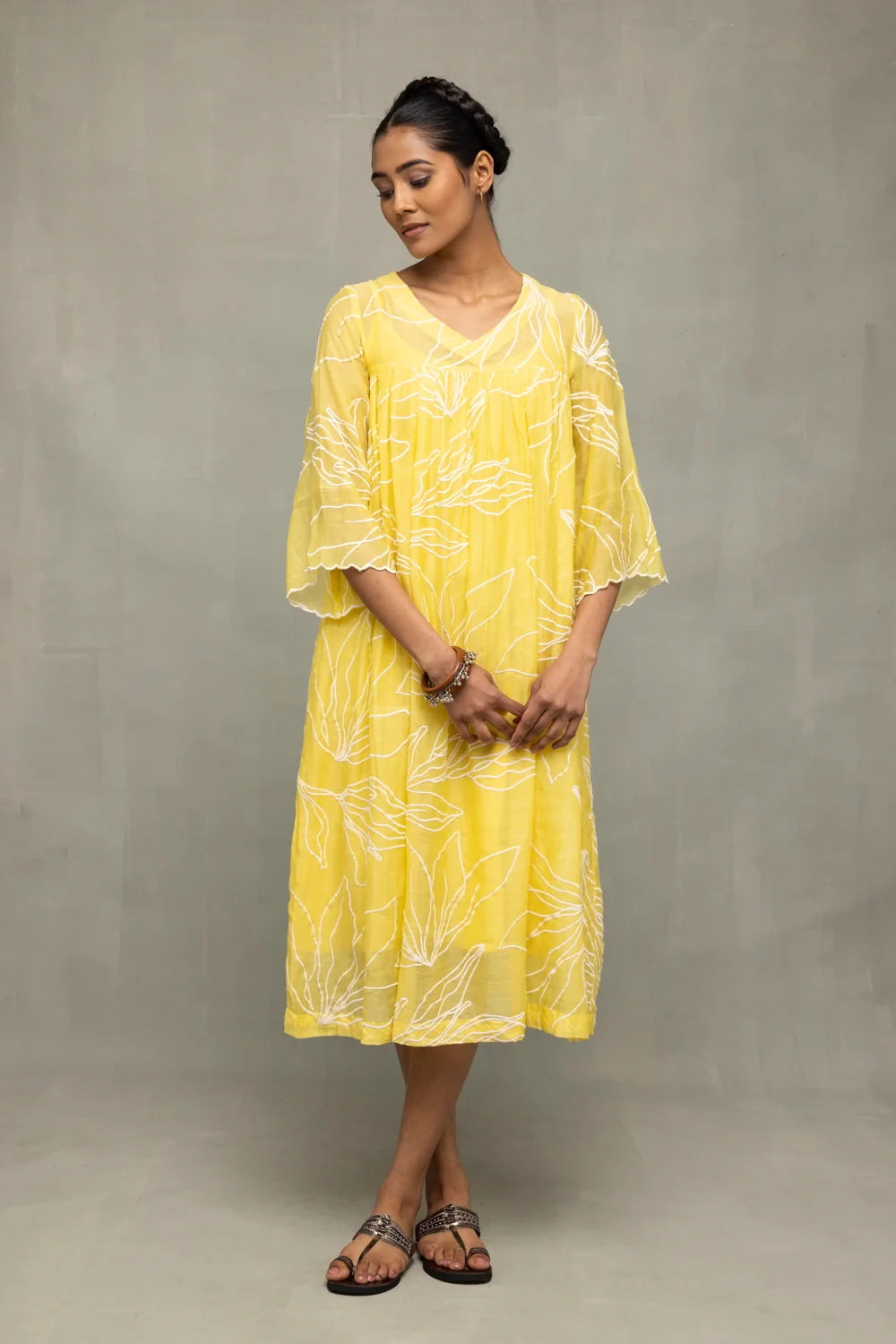 Lightweight Breathable Lemon Mul Chanderi Embroidered Dress for Summer Wear