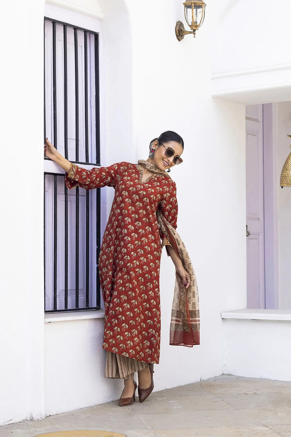 Lightweight Breathable Maroon Cotton Block Print Kurta Set with Dupatta