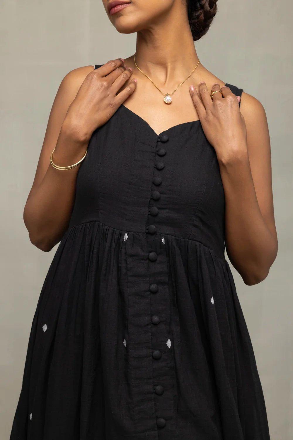 Lightweight Breathable Midnight Black Jamdani Tiered Midi Dress for Everyday Wear