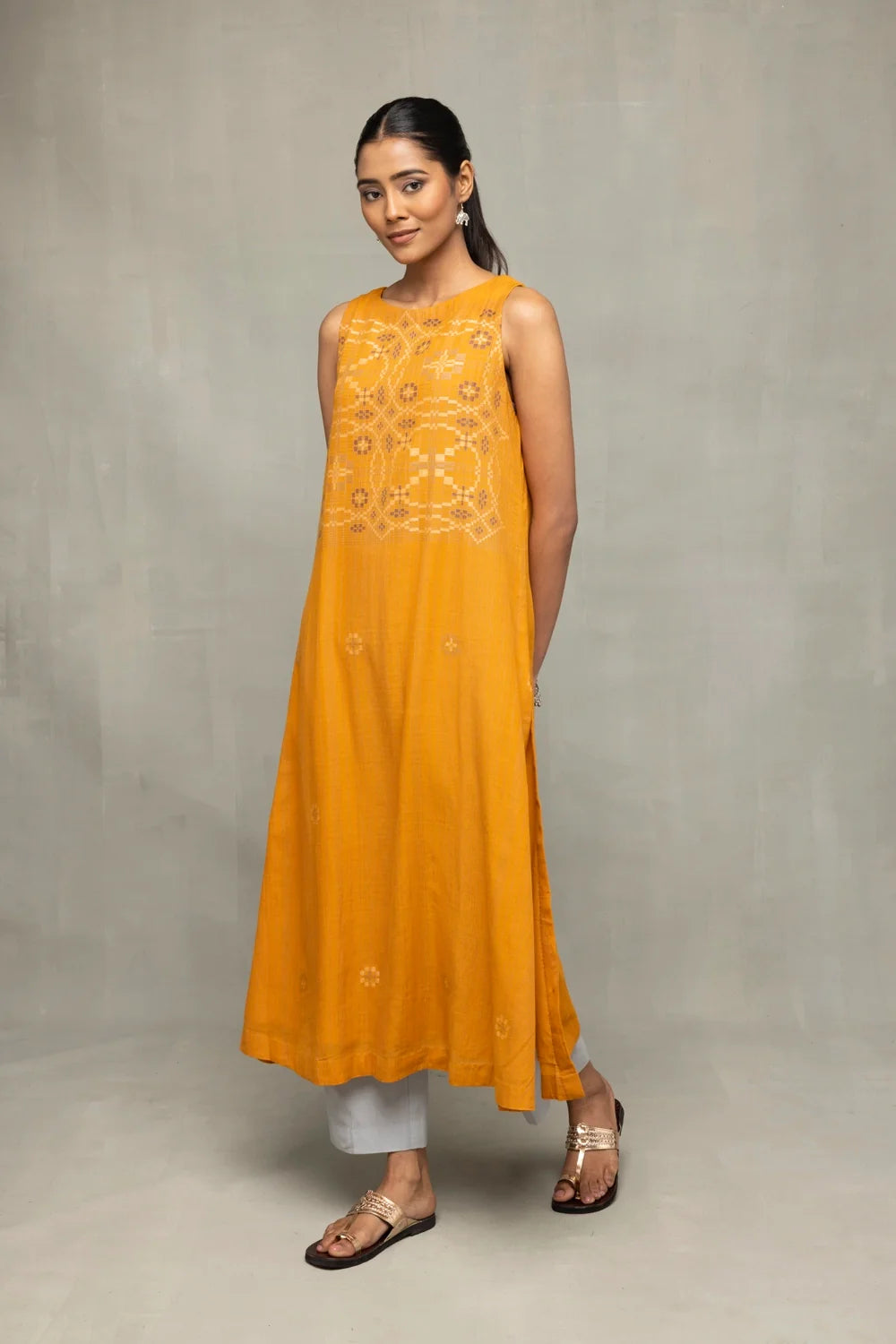 Lightweight Breathable Mustard Pure Cotton Jamdani Kurta Set for Everyday Wear