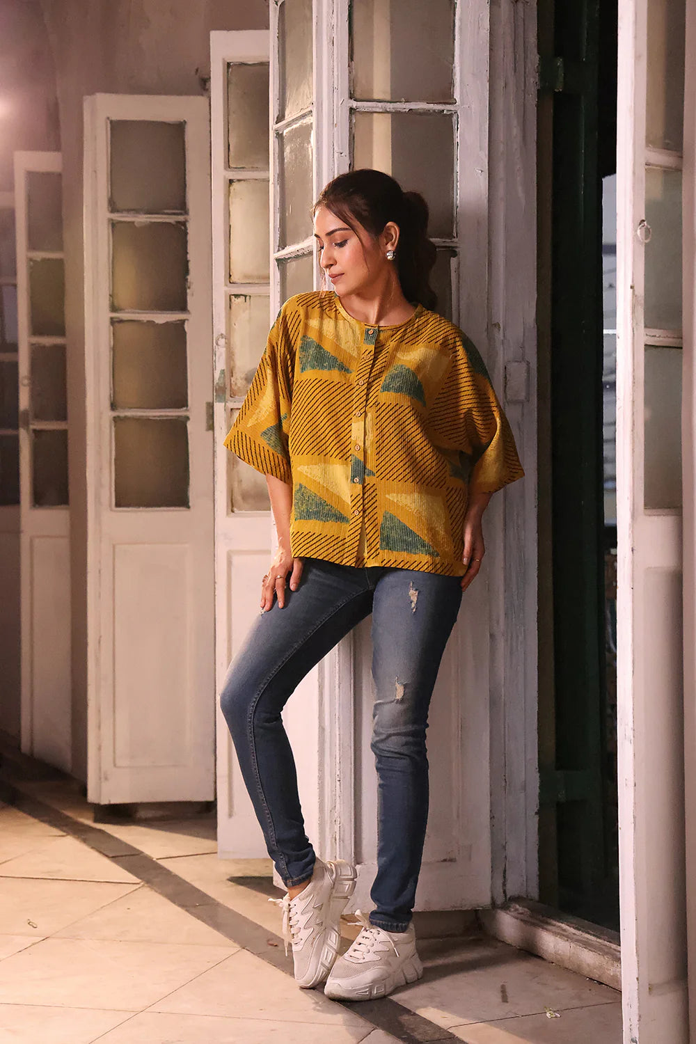 Lightweight Breathable Mustard Yellow Cotton Ajrakh Shirt for Summer Wear