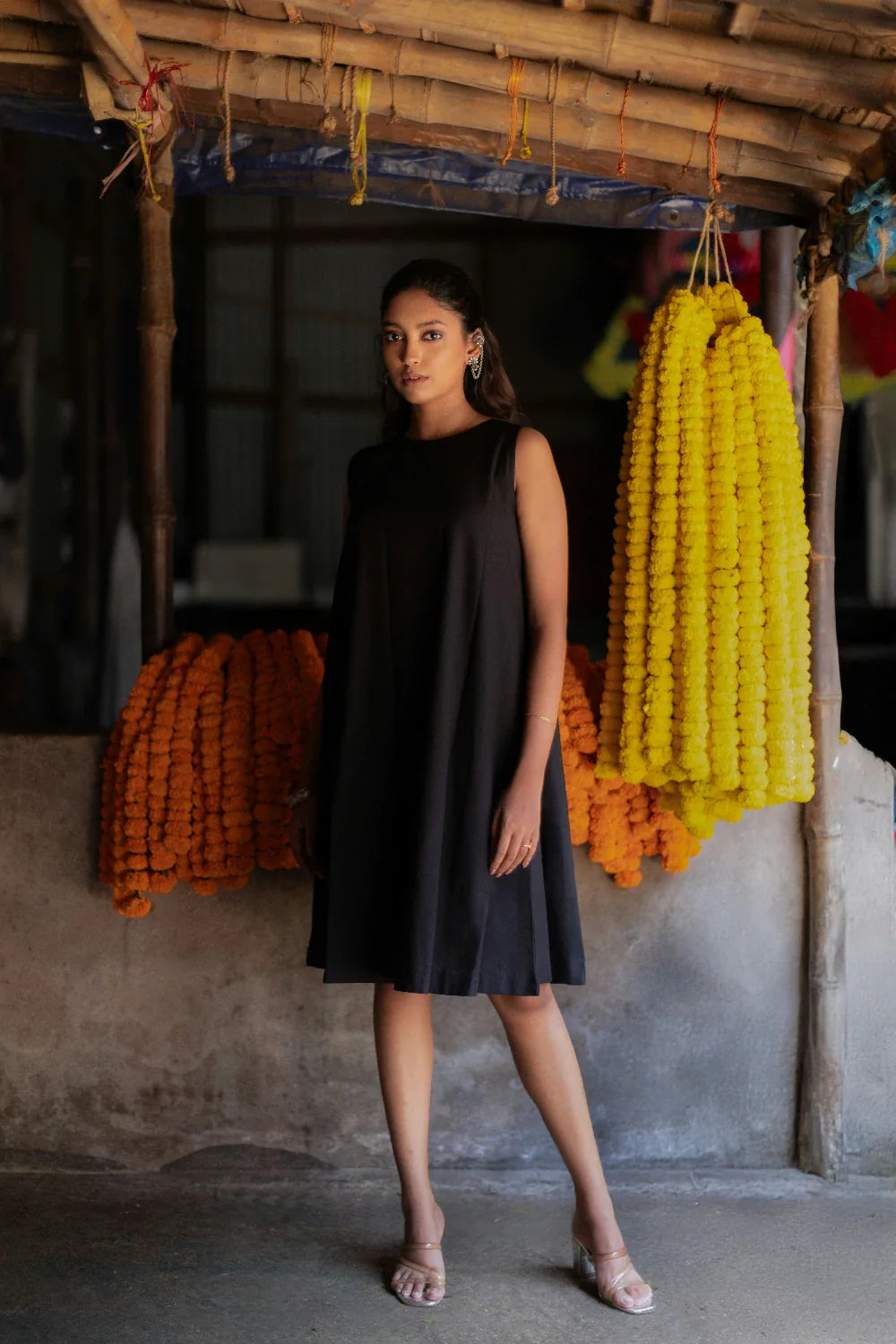 Lightweight Breathable Noir Black South Cotton Dress with Shrug for Everyday Wear