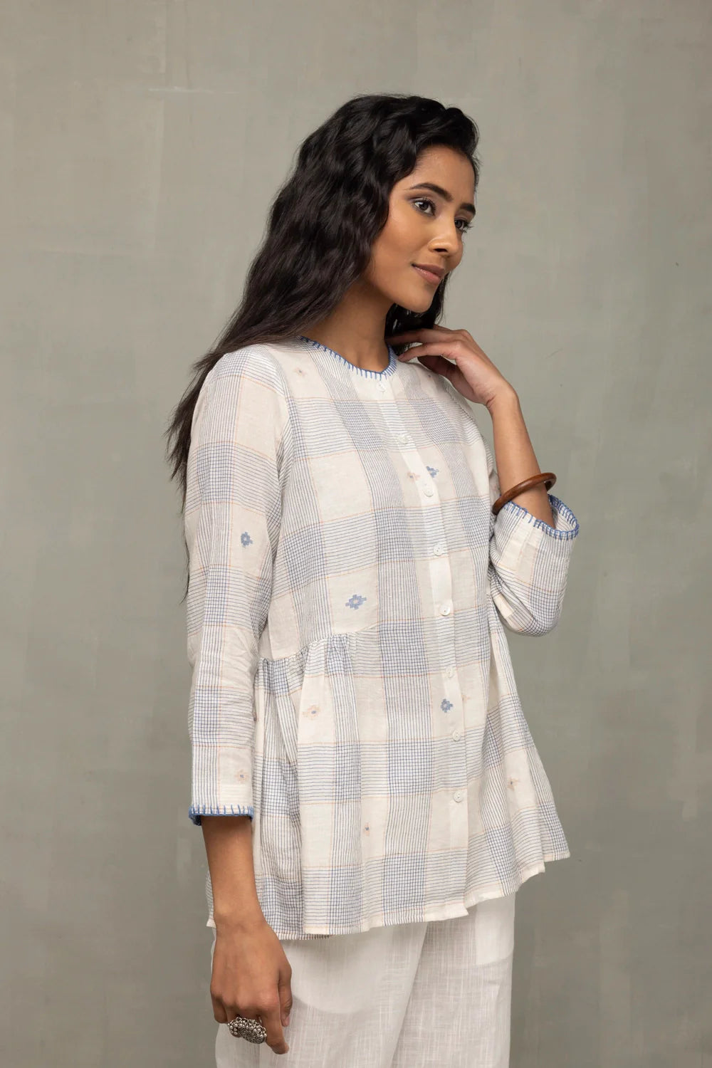 Lightweight Breathable Off White Blue Check Jamdani Top for Everyday Wear