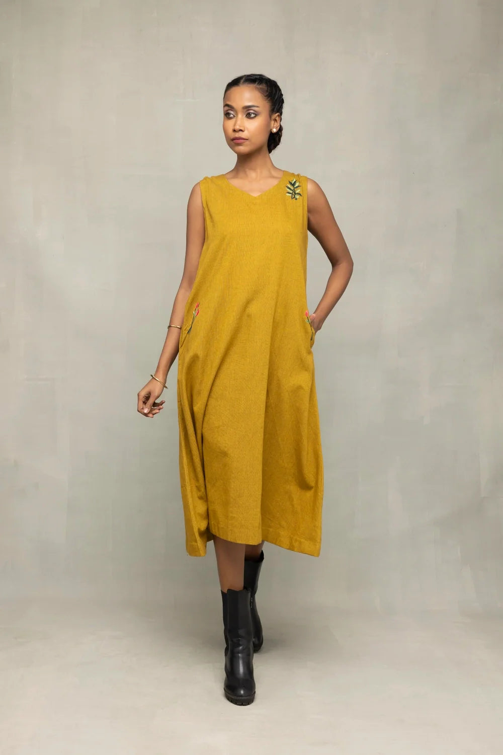 Olive Green Cotton Embriodered Dress-Sutra Art of Clothing