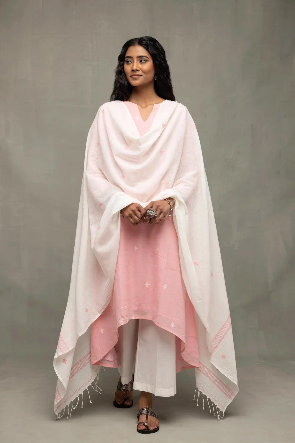 Lightweight Breathable Petal Pink Jamdani Kurta Set with Dupatta for Everyday Wear