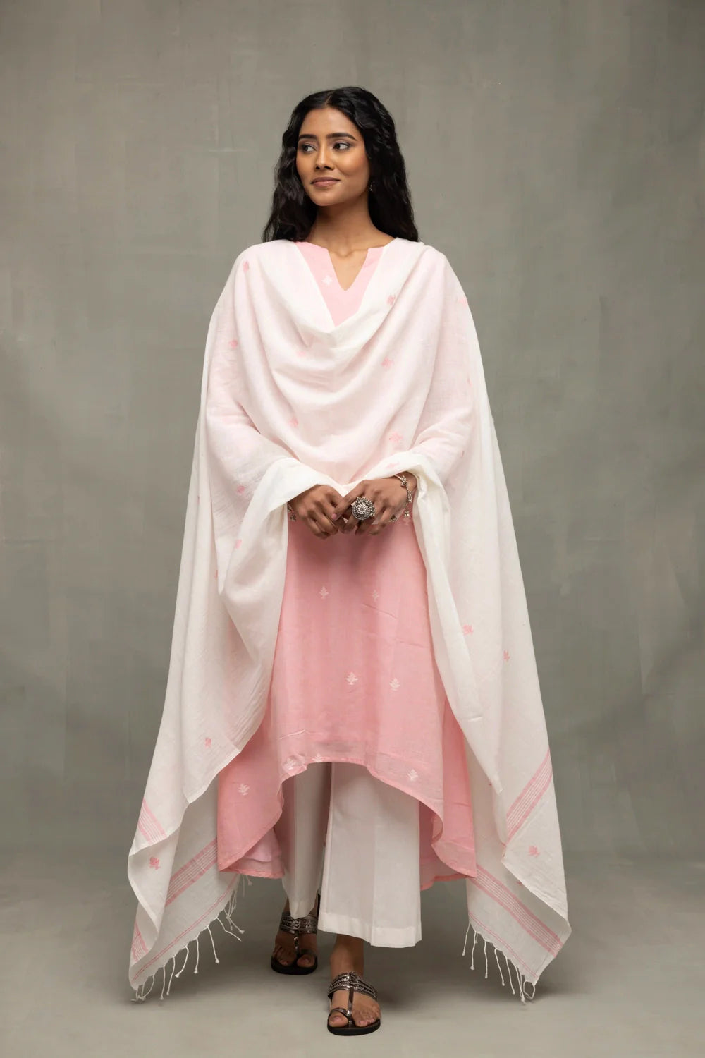 Lightweight Breathable Petal Pink Jamdani Kurta Set with Dupatta for Everyday Wear