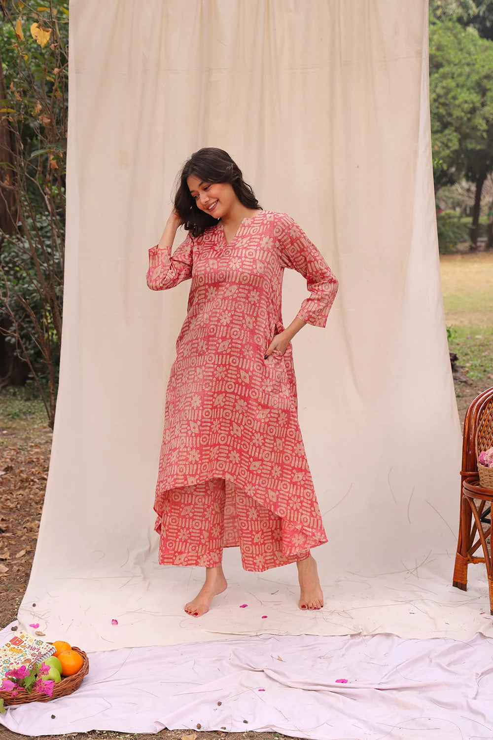 Lightweight Breathable Pink Batik Khadi Cotton Co-ord Set for Everyday Wear