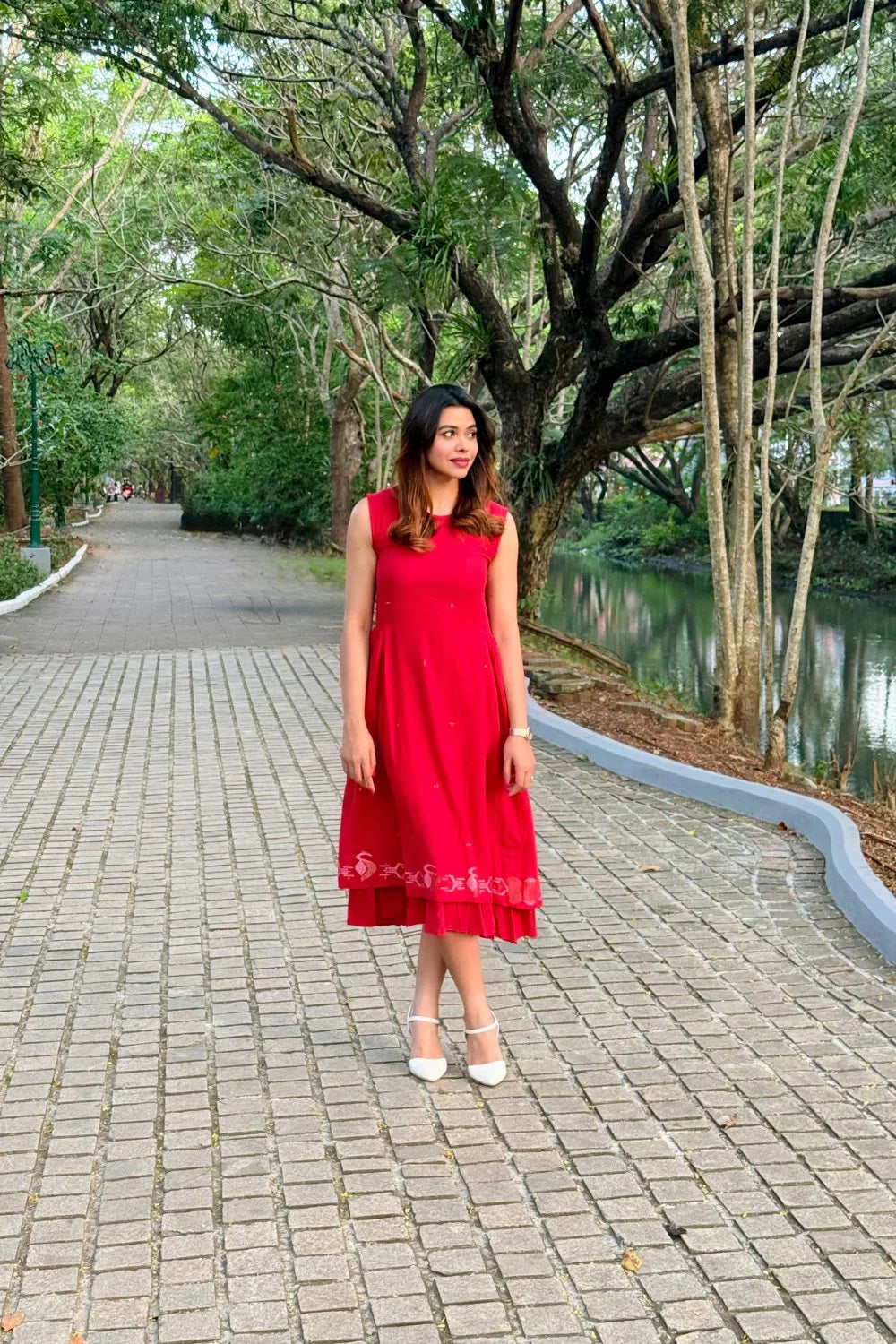 Lightweight Breathable Radiance Red Layered Jamdani Dress for Everyday Wear