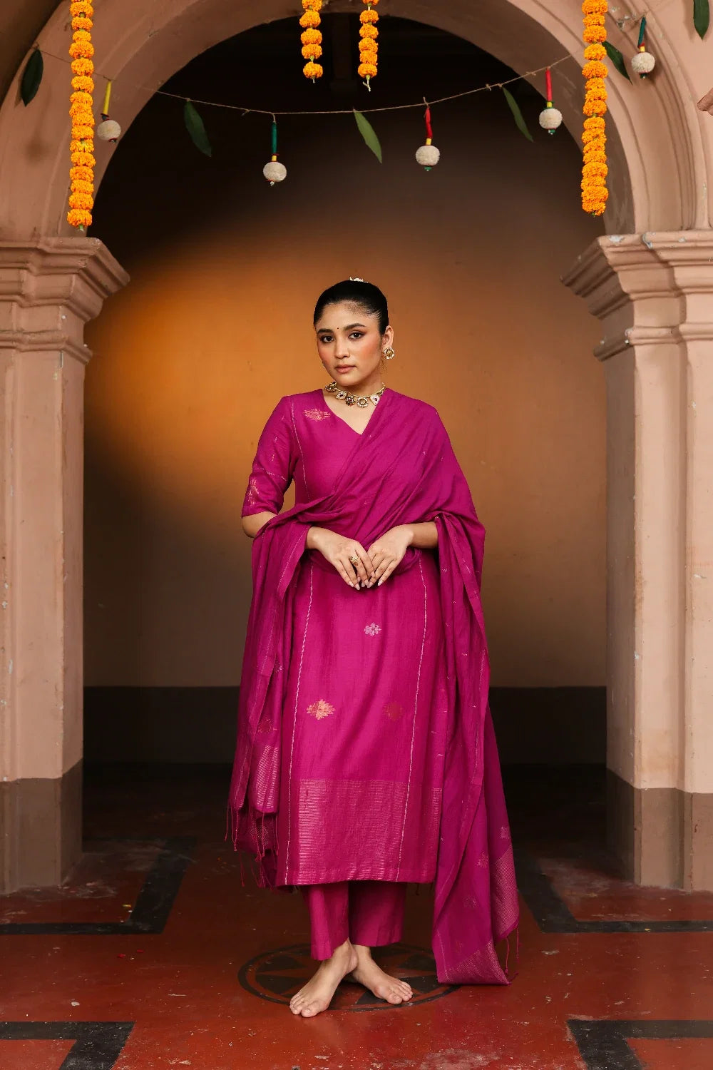 Lightweight Breathable Rani Pink Pure Cotton Jamdani Kurta Set for Everyday Wear