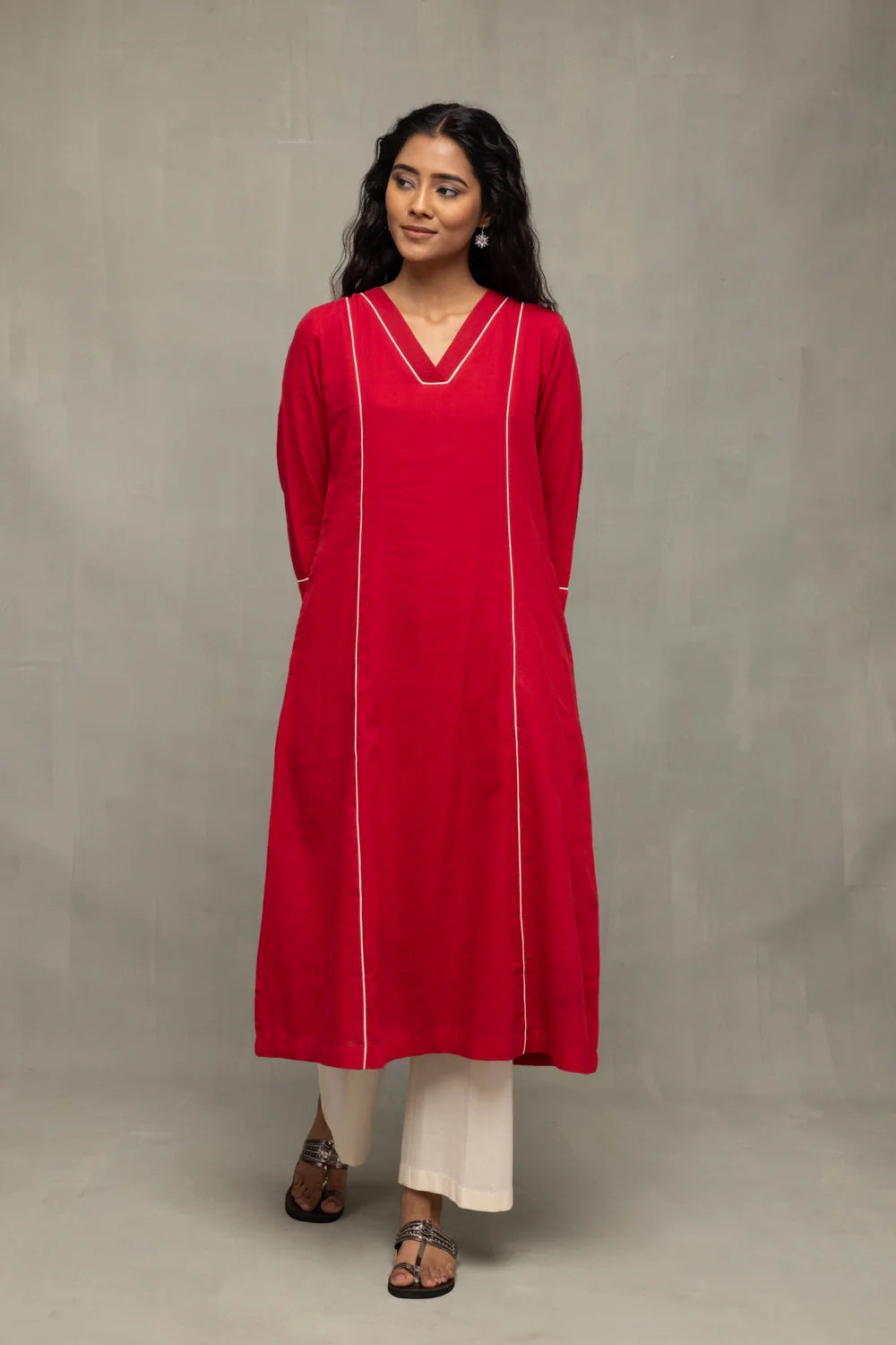 Lightweight Breathable Red and White Pure Cotton Jamdani Kurta Set with Dupatta for Pujo
