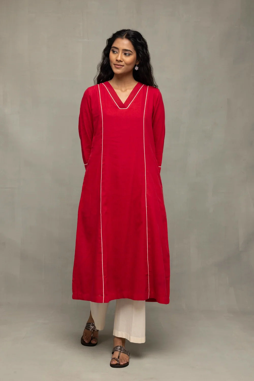 Lightweight Breathable Red and White Pure Cotton Jamdani Kurta Set with Dupatta for Pujo