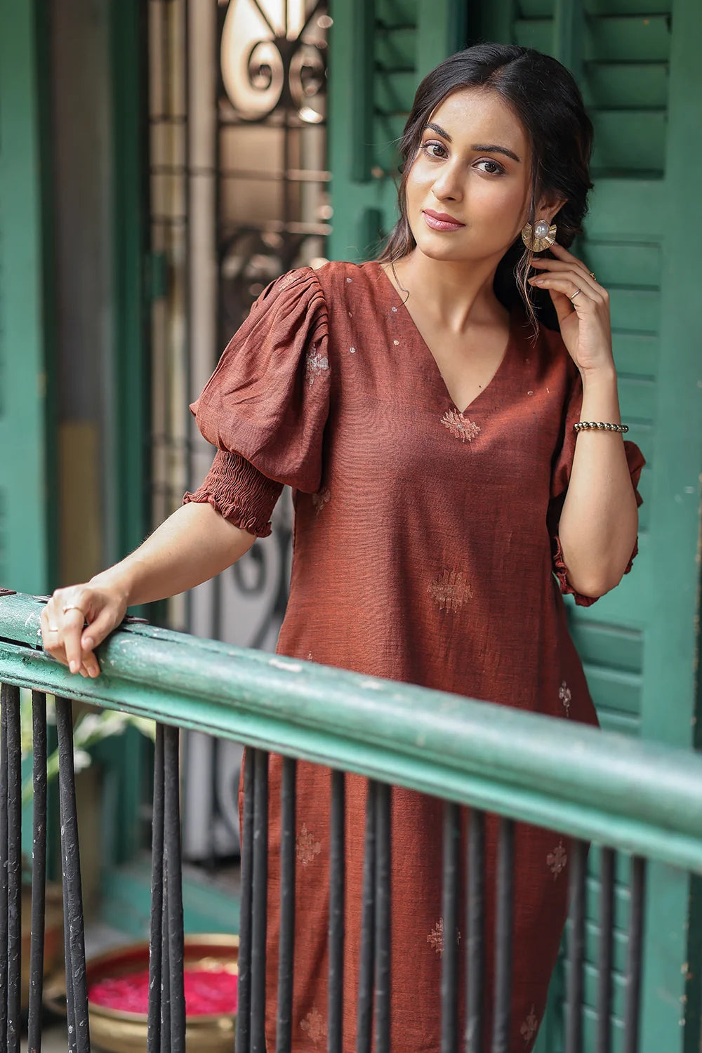 Lightweight Breathable Rust Radiance Jamdani Dress for Everyday Wear