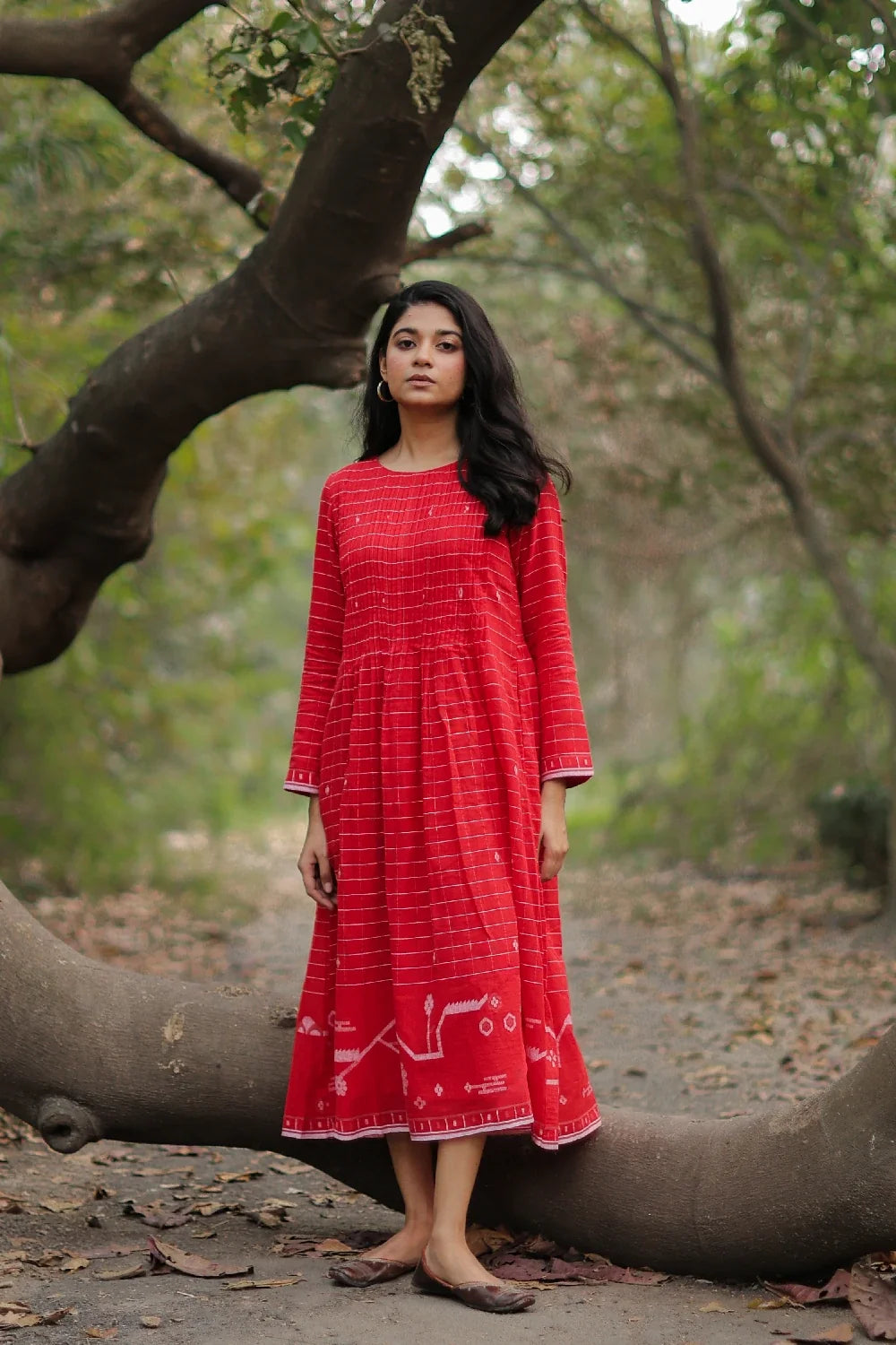 Lightweight Breathable Scarlet Red Cotton Jamdani Dress for Everyday Wear