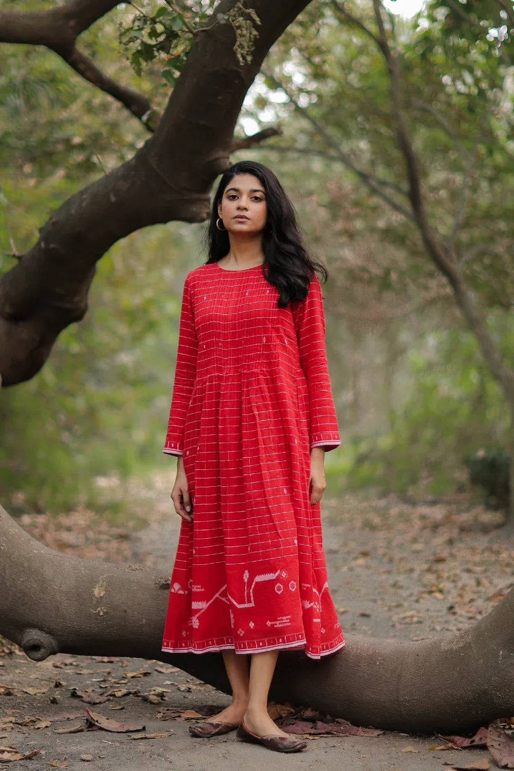 Lightweight Breathable Scarlet Red Cotton Jamdani Dress for Everyday Wear