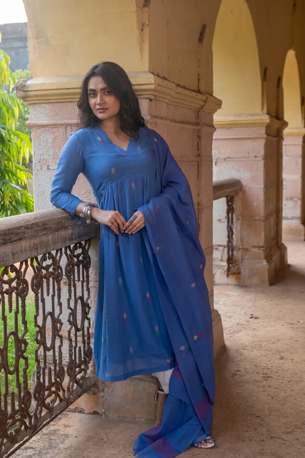 Lightweight Breathable Sky Blue Pure Cotton Jamdani Kurta Set for Everyday Wear