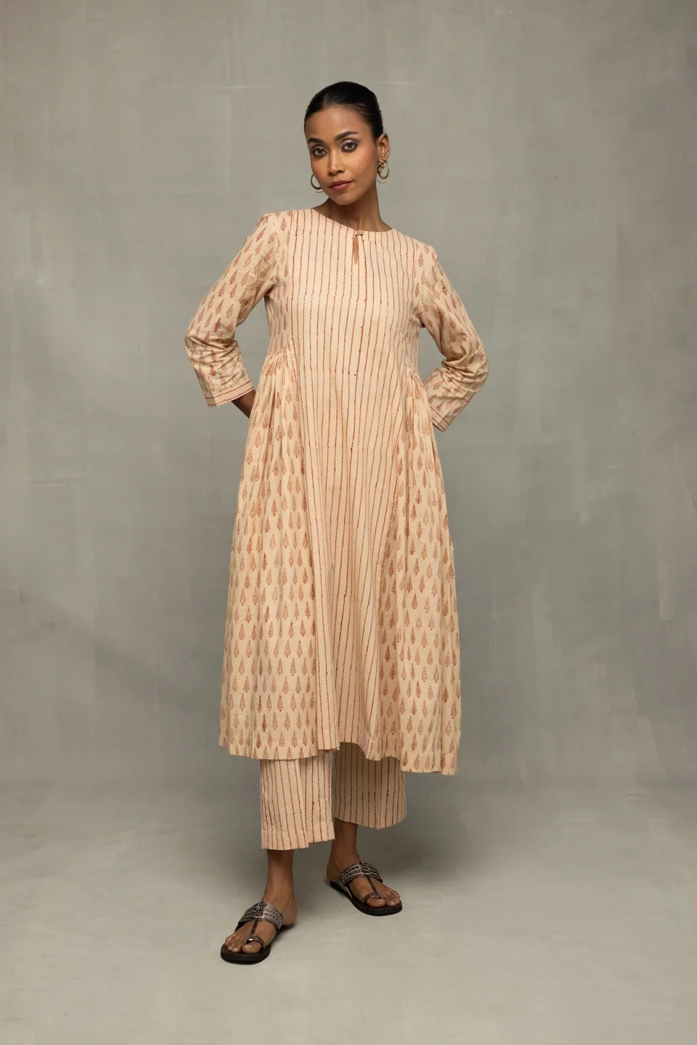 Terracotta and Cream Block Printed Kurta Set with Dupatta
