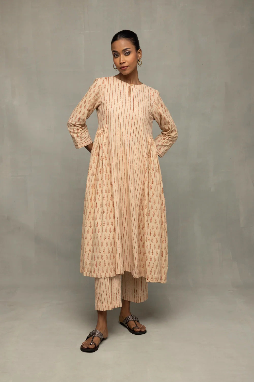 Lightweight Breathable Terracotta and Cream Cotton Kurta Set for Everyday Wear