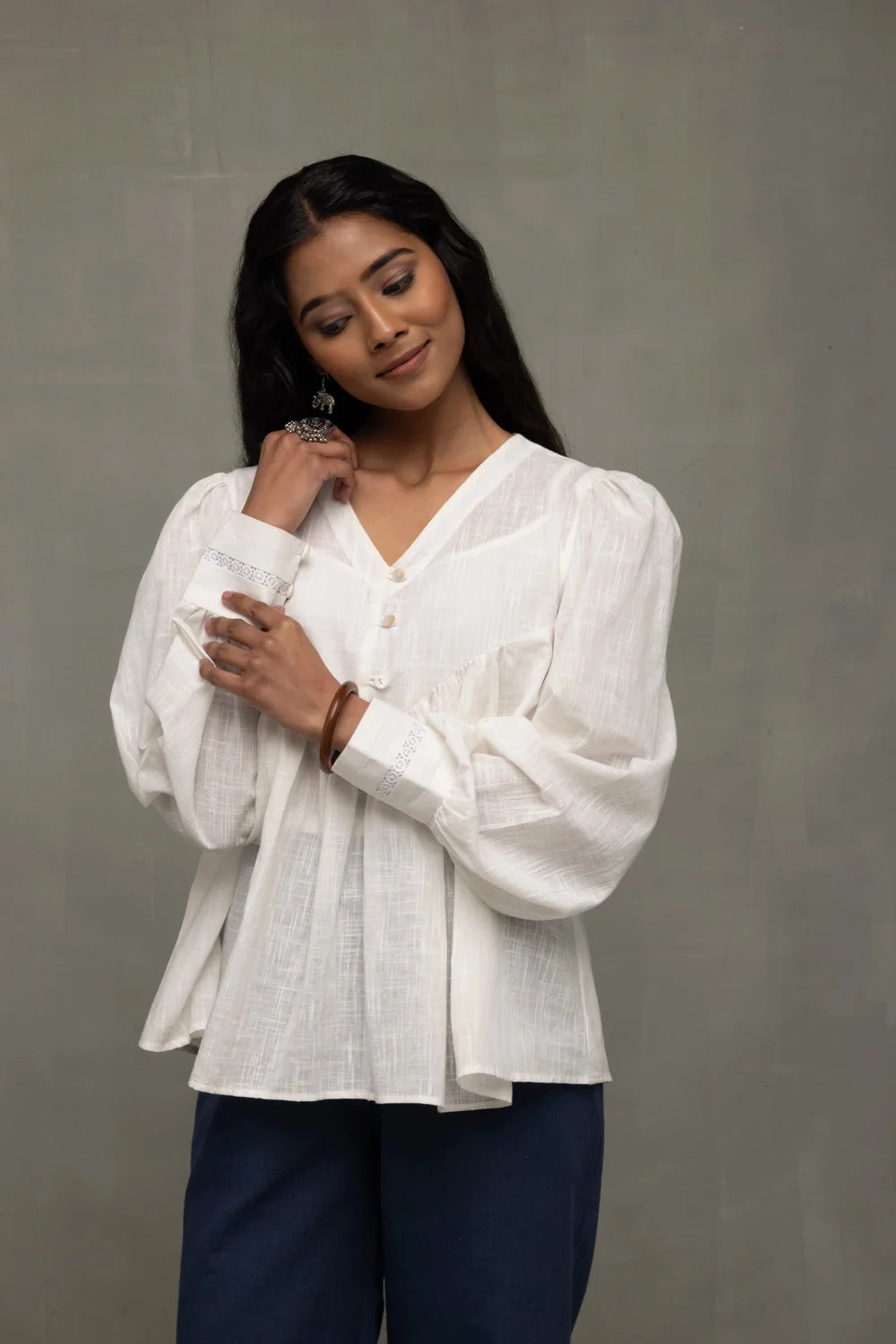 Lightweight Breathable White Cotton Cloud Gathered Top for Everyday Wear