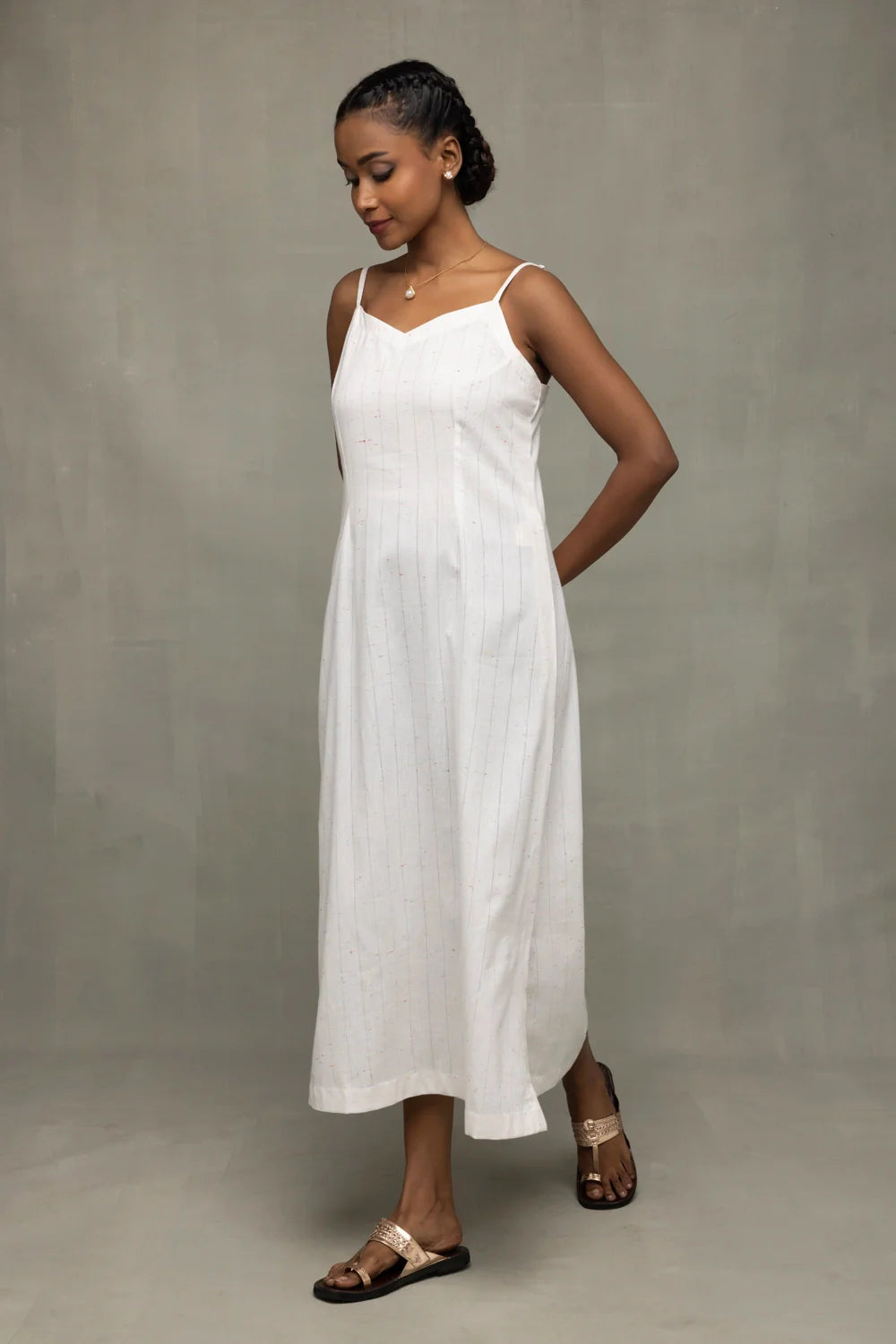 Lightweight Breathable White Silver Stripe Pure Cotton Dress for Everyday Wear