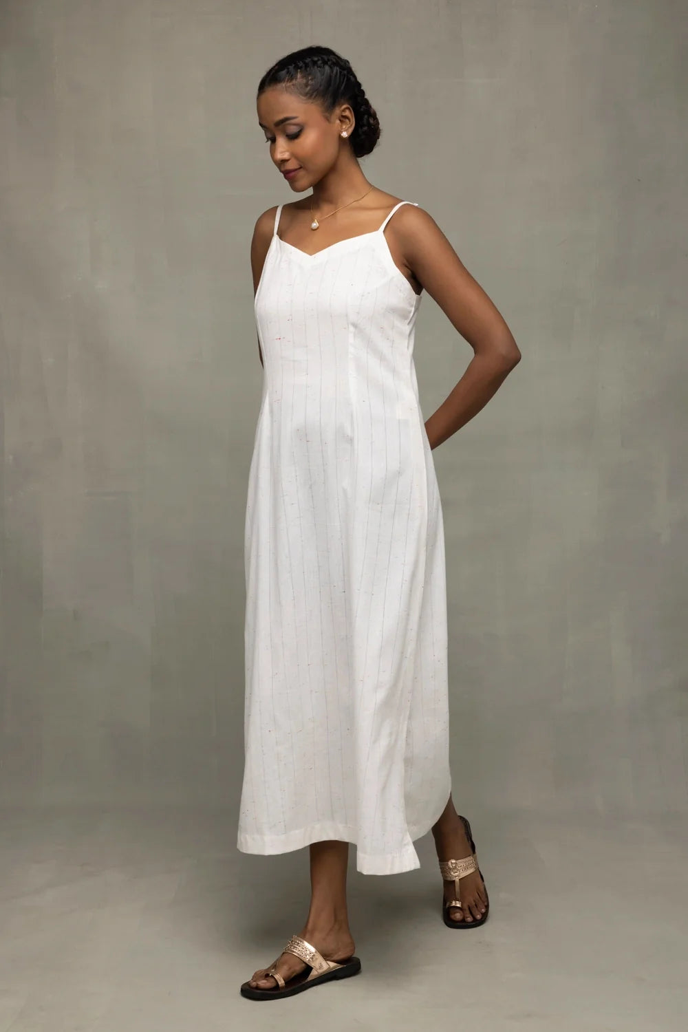 Lightweight Breathable White Silver Stripe Pure Cotton Dress for Everyday Wear