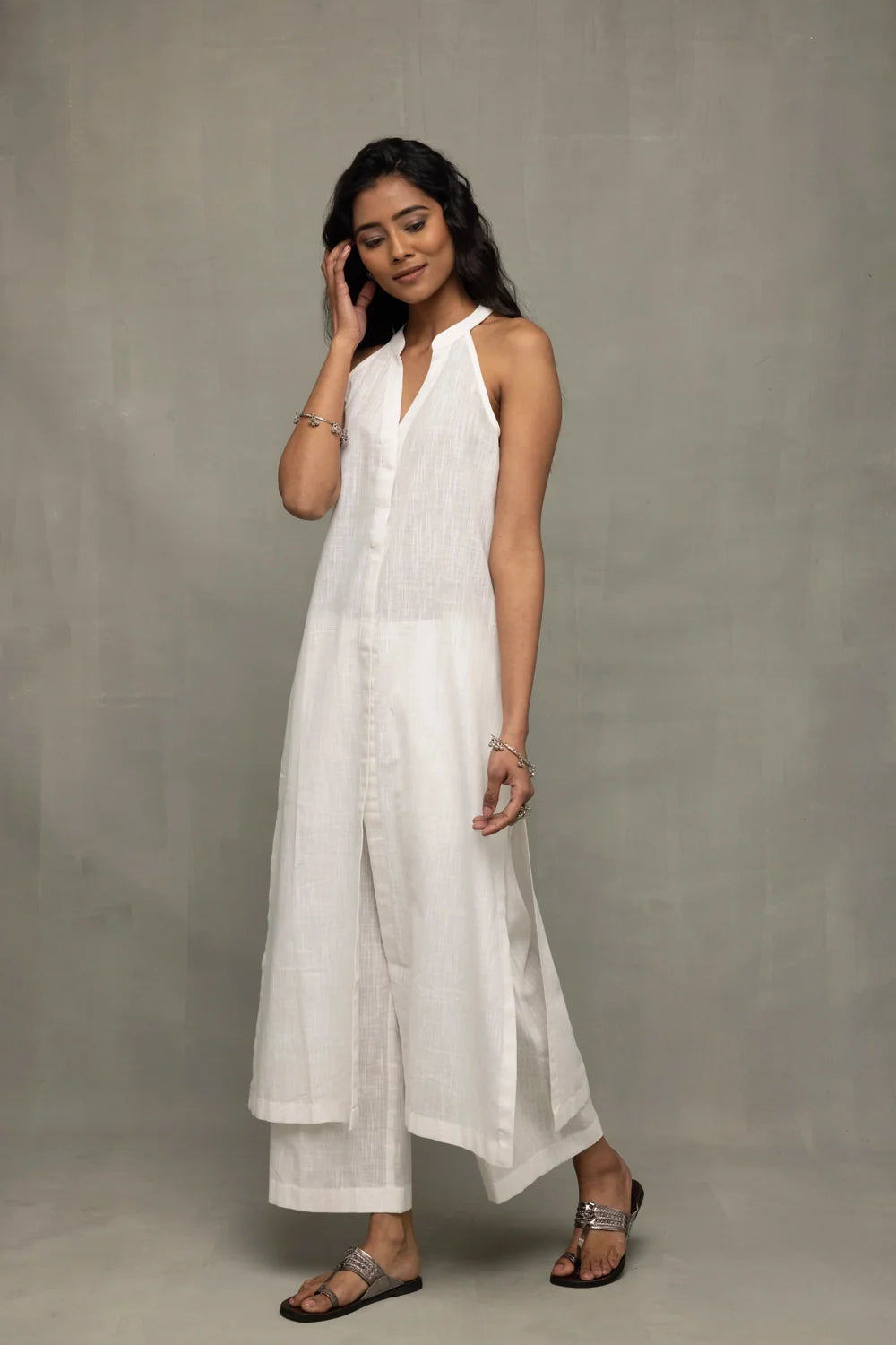 White Slub Cotton Kurta Set with Jamdani Dupatta-Sutra Art of Clothing