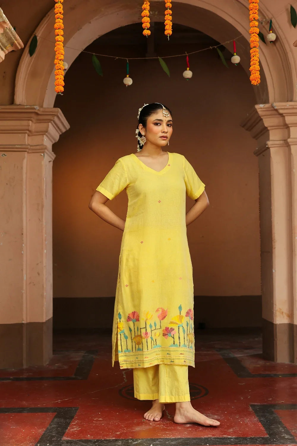 Lightweight Breathable Yellow Pure Cotton Jamdani Kurta Set for Everyday Wear