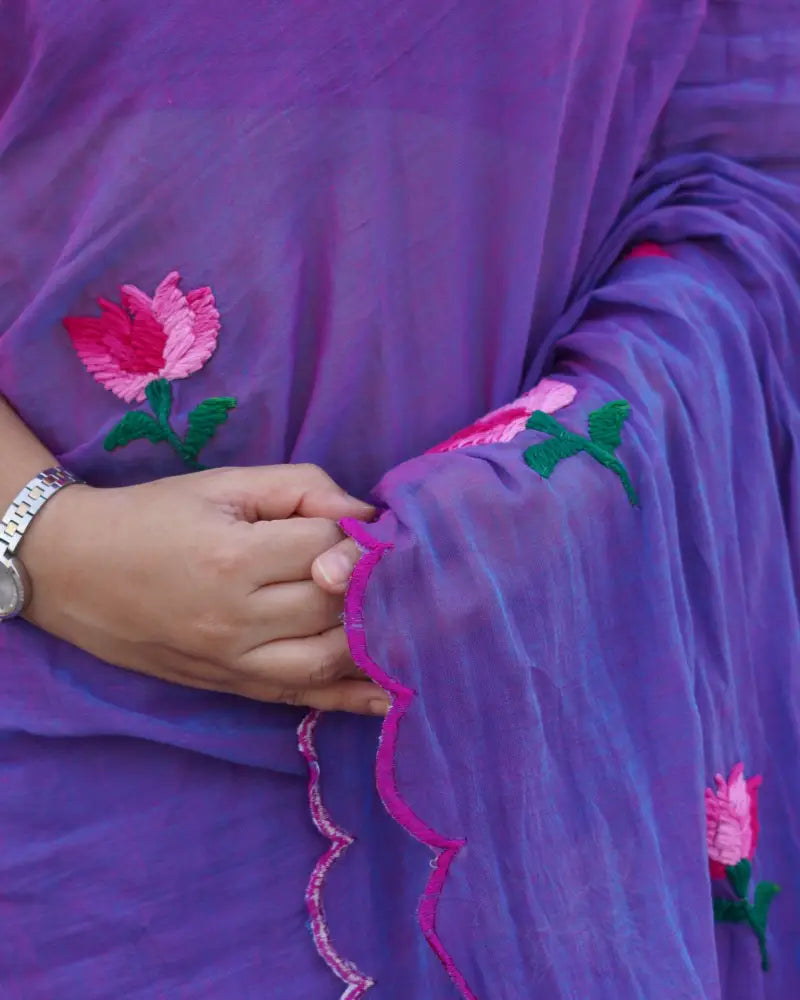 Lotus Dew saree in soft mulmul cotton by Shopaame, handcrafted lotus embroidery for elegant everyday styling.