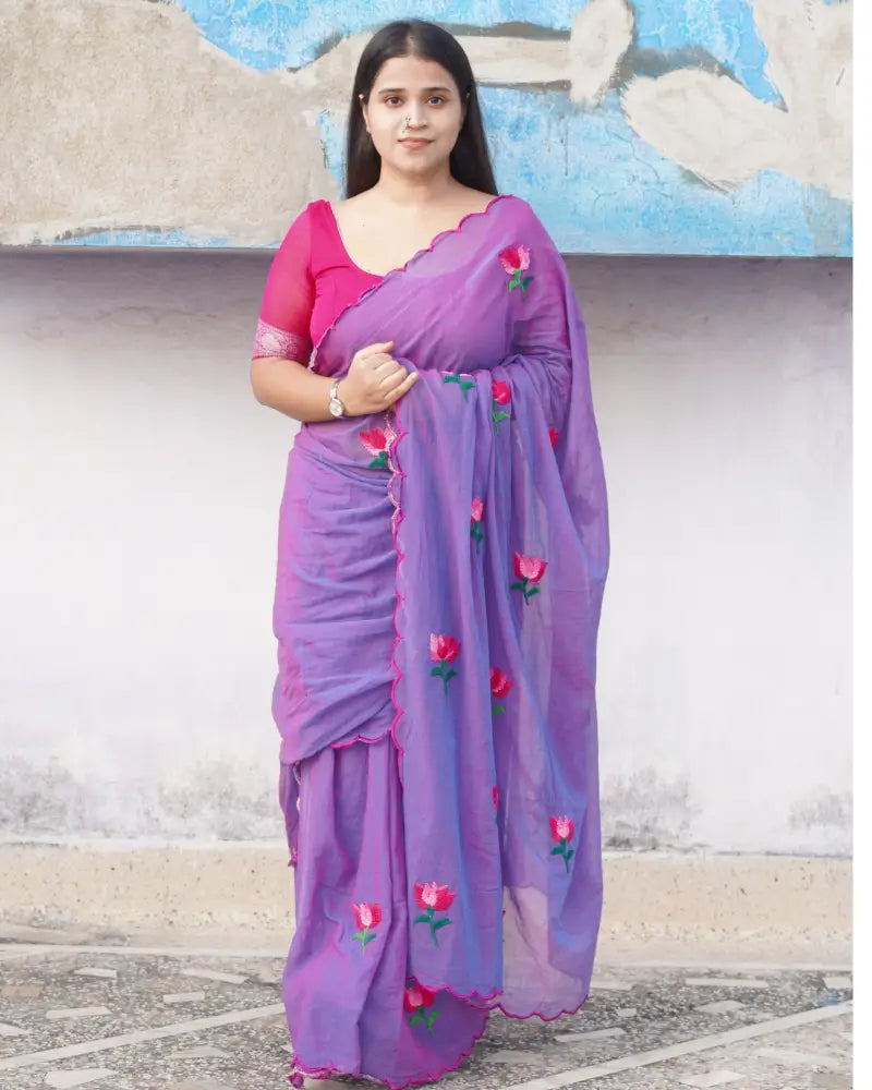 Purple Mulmul cotton saree with lotus embroidery, soft airy comfort for effortless summer styling.