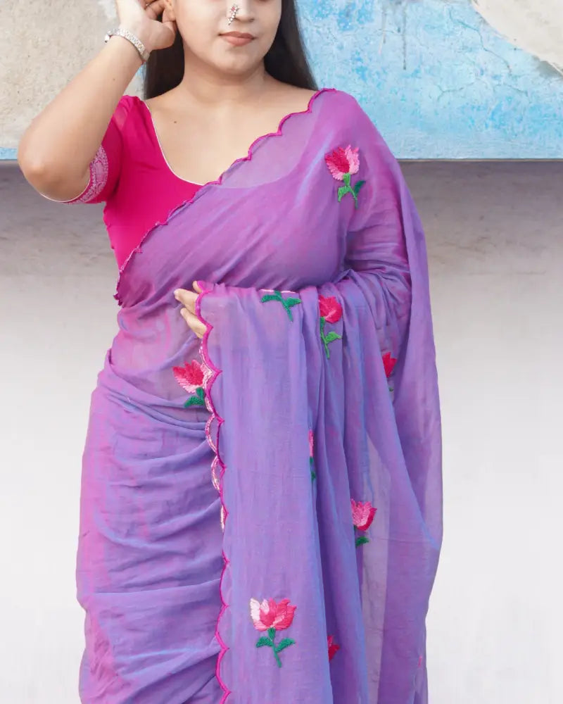 Lotus Dew is a lotus embroidered purple mulmul cotton saree, a lightweight breathable saree for summer wear.